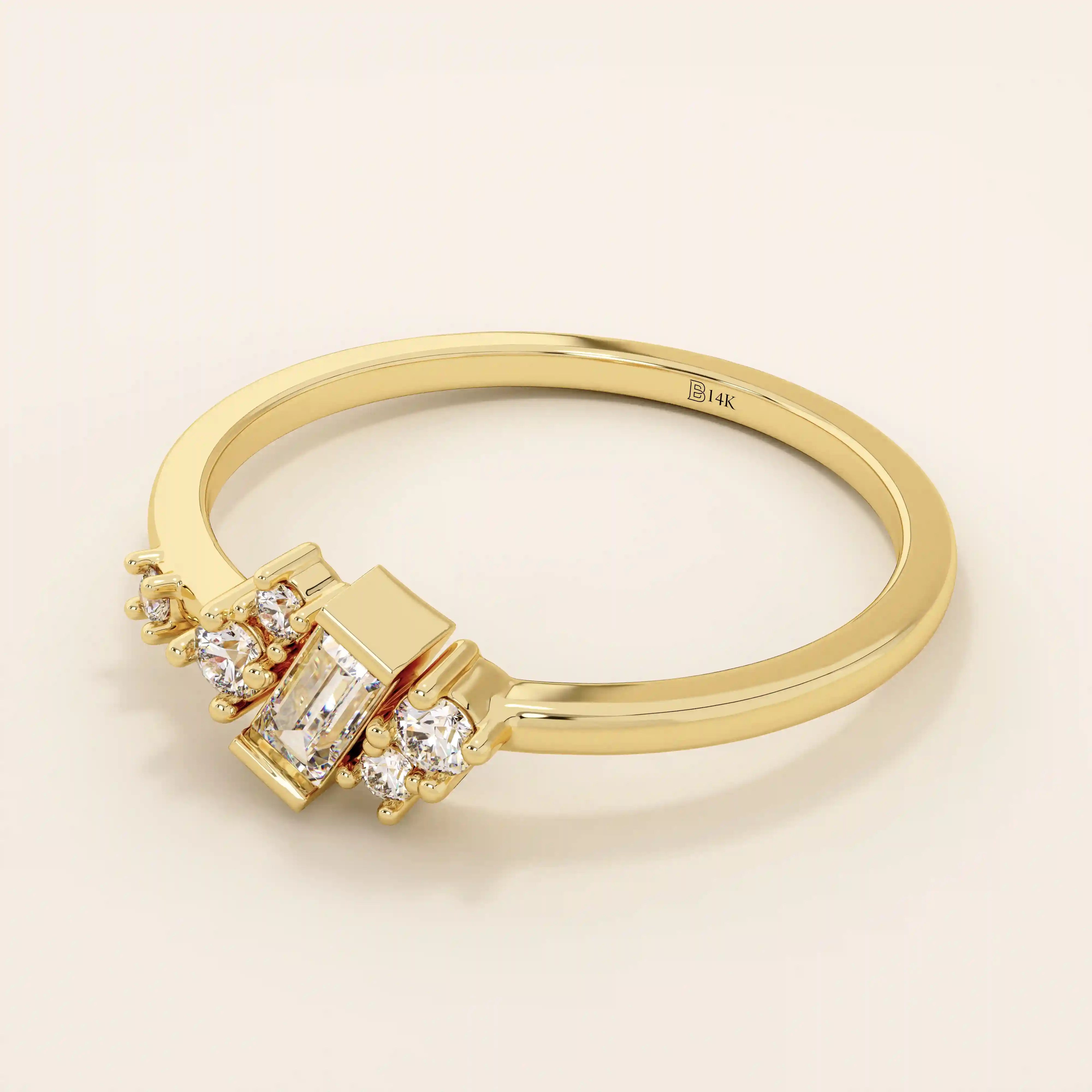 14K SOLID YELLOW GOLD BAR SET BAGUETTE CLUSTER STONES SMALL ENGAGEMENT RING FOR WOMEN