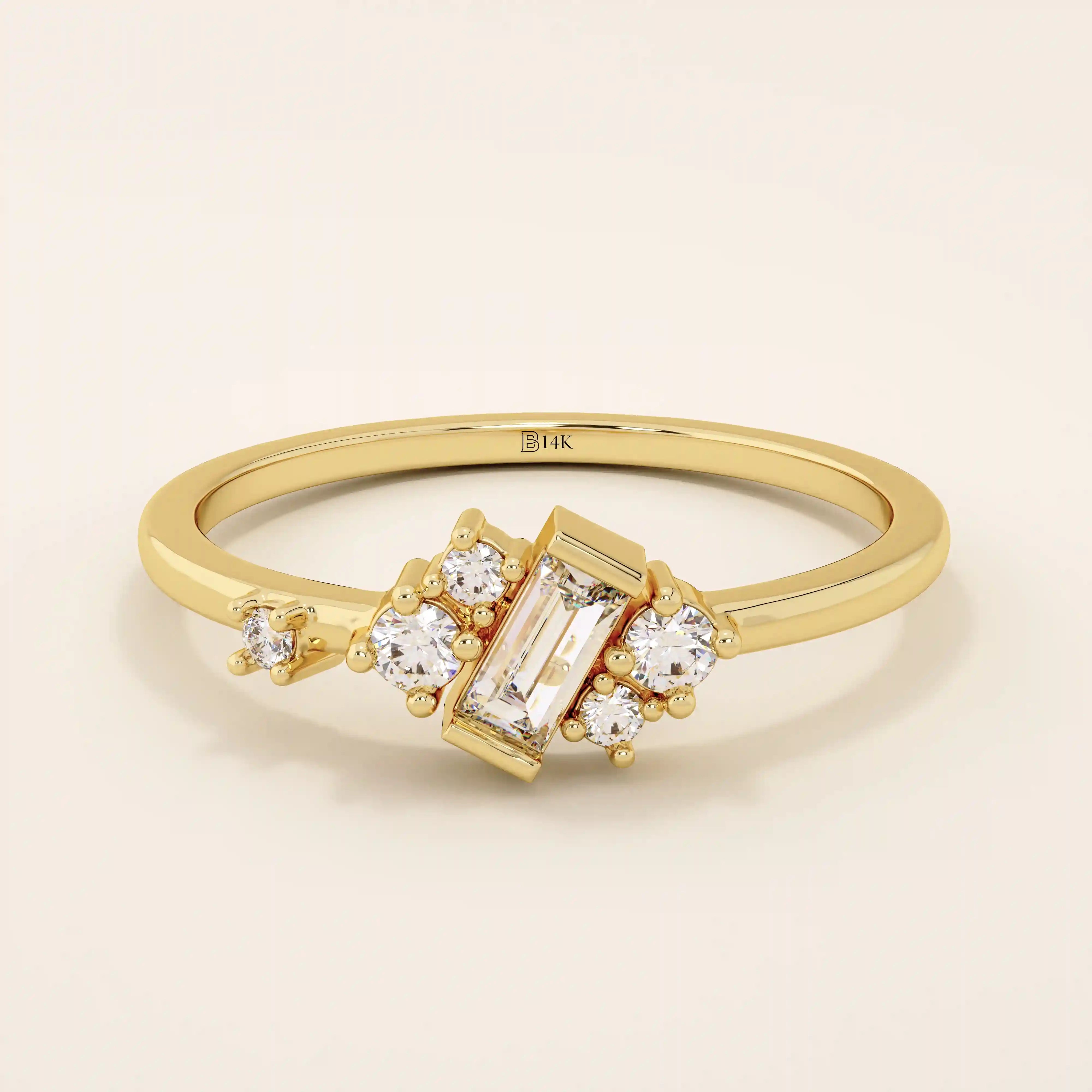 14K SOLID YELLOW GOLD BAR SET BAGUETTE CLUSTER STONES SMALL ENGAGEMENT RING FOR WOMEN