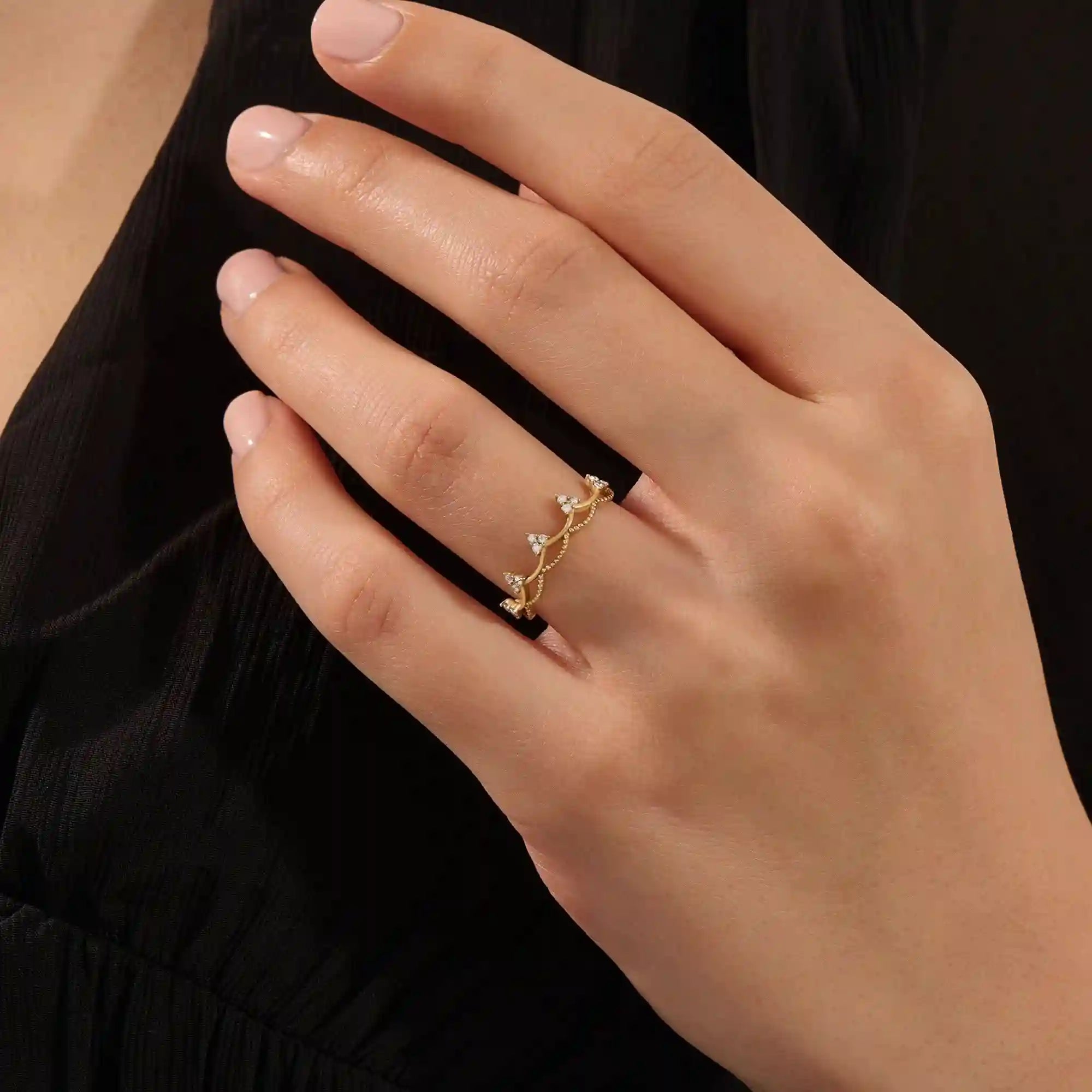 14K SOLID GOLD WAVY CROWN RING PAVE WITH MOISSANITE STONES FOR WOMEN