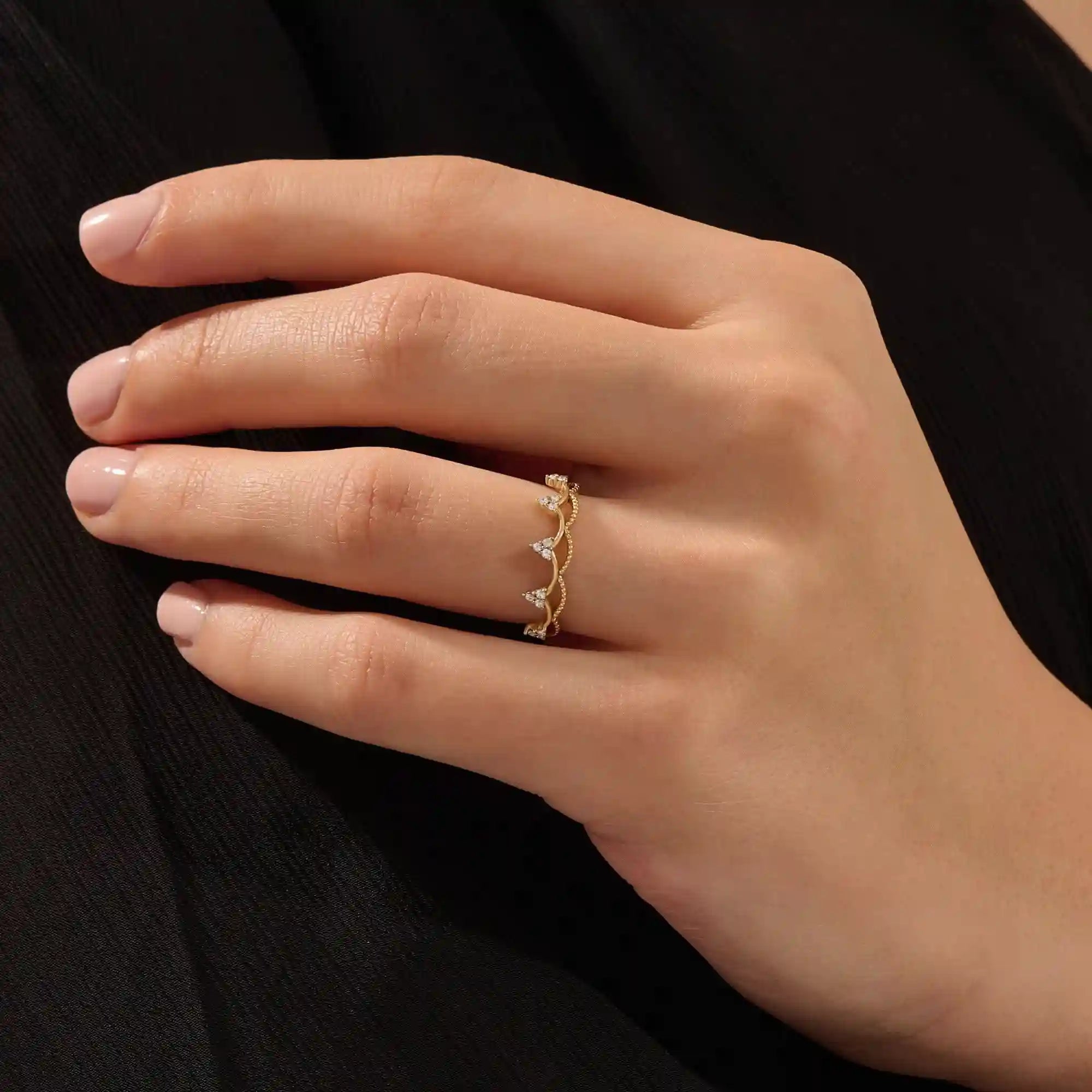 14K SOLID GOLD WAVY CROWN RING PAVE WITH MOISSANITE STONES FOR WOMEN