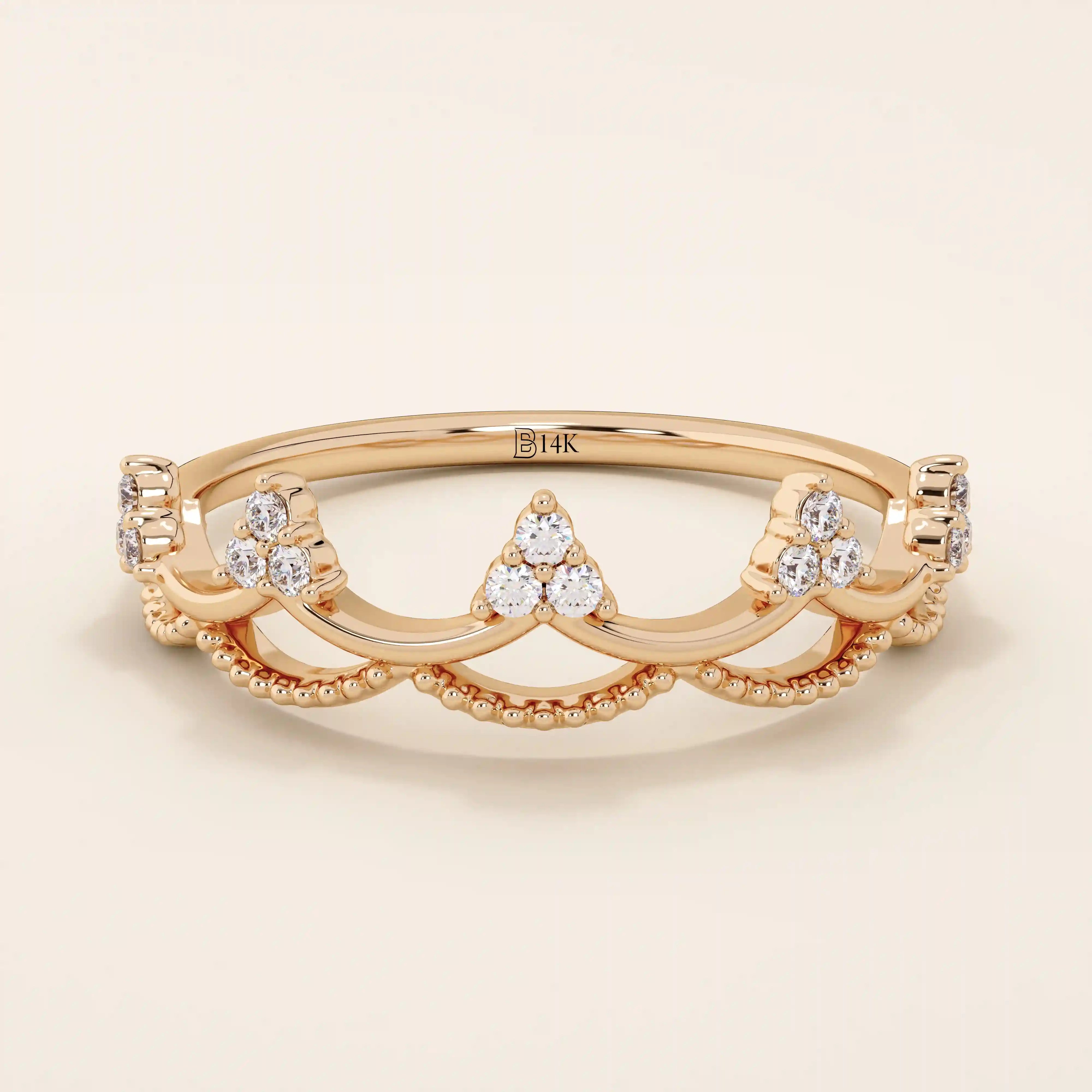 14K SOLID GOLD WAVY CROWN RING PAVE WITH MOISSANITE STONES FOR WOMEN