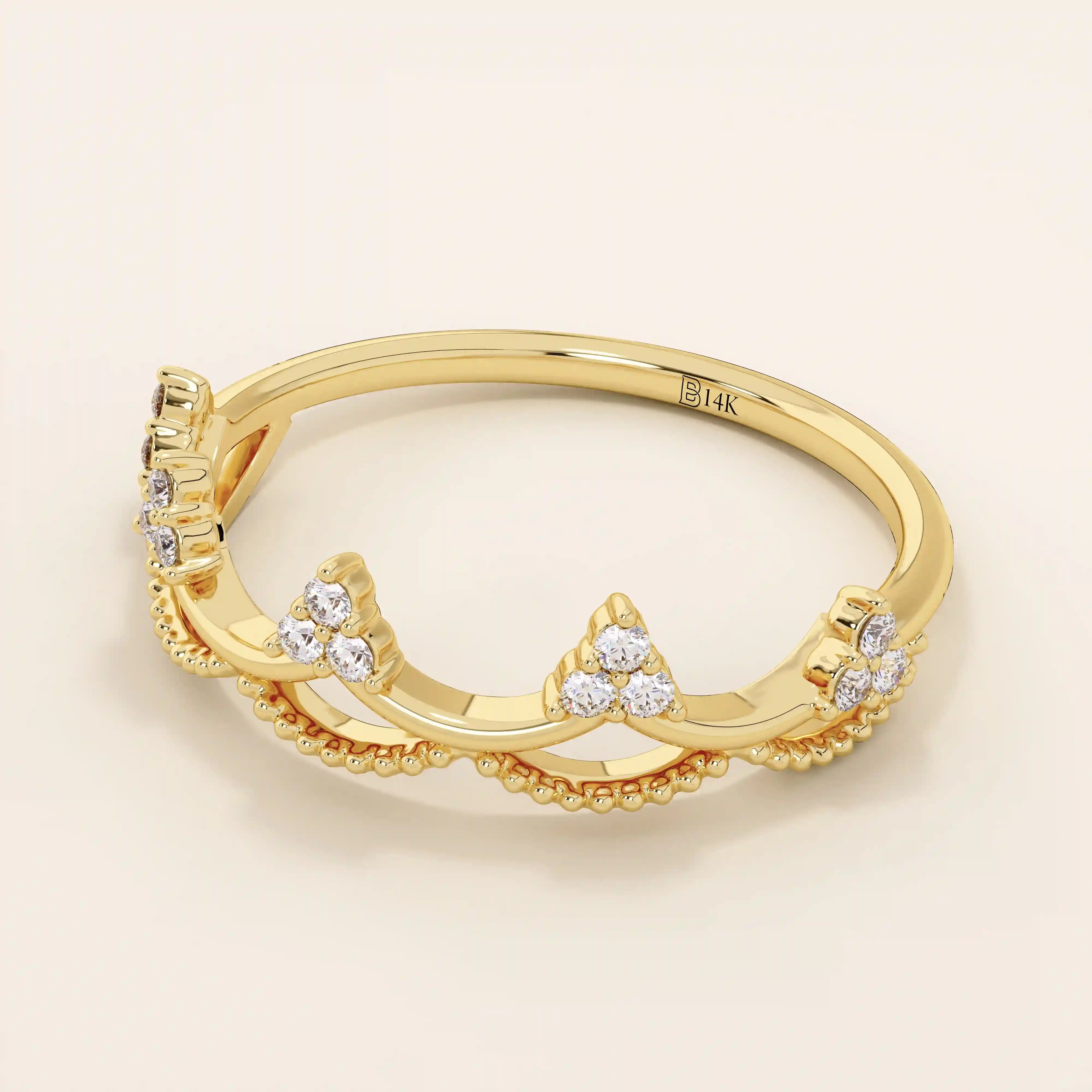 14K SOLID GOLD WAVY CROWN RING PAVE WITH MOISSANITE STONES FOR WOMEN