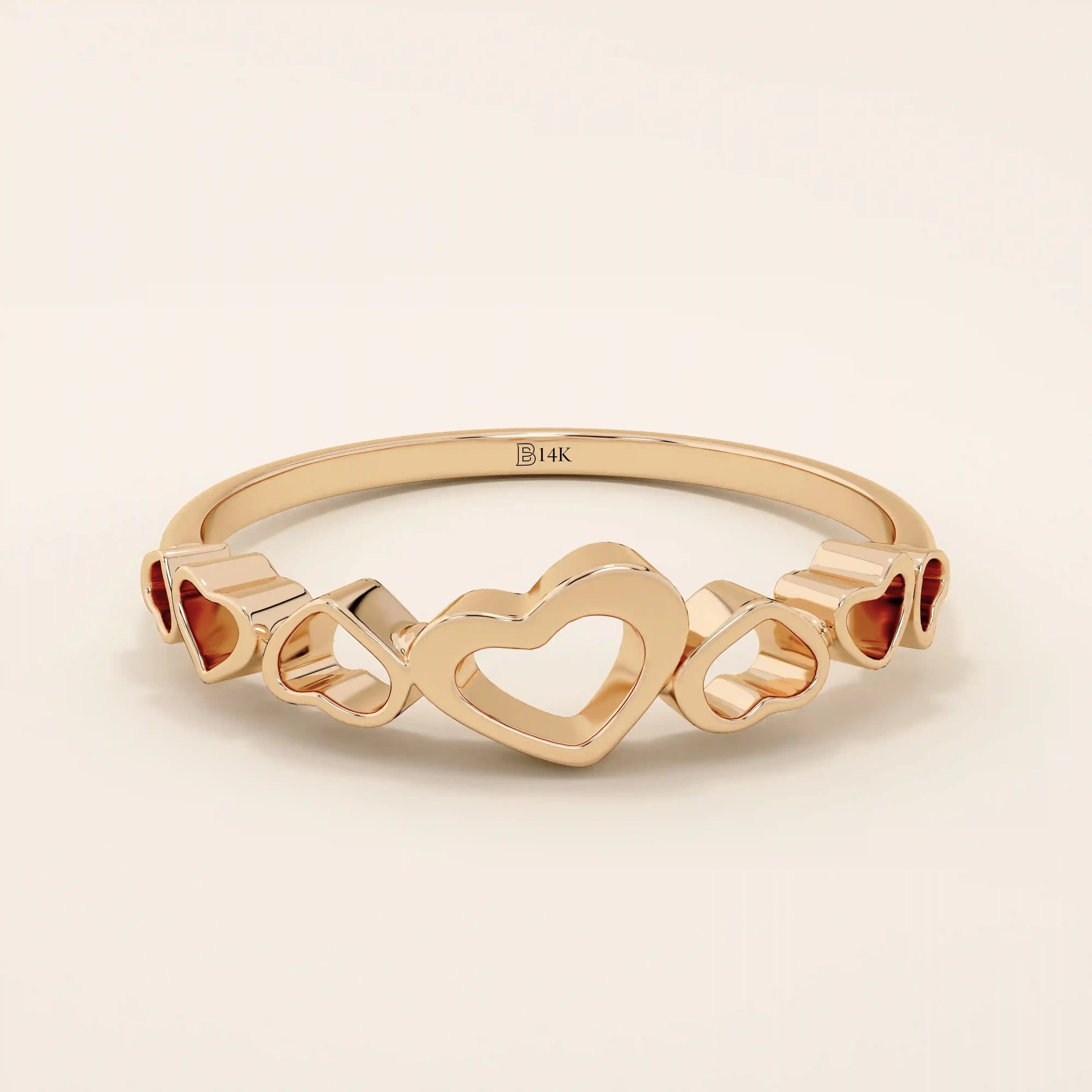 14K SOLID YELLOW GOLD 7 HEARTS STACKABLE STATEMENT RING FOR WOMEN