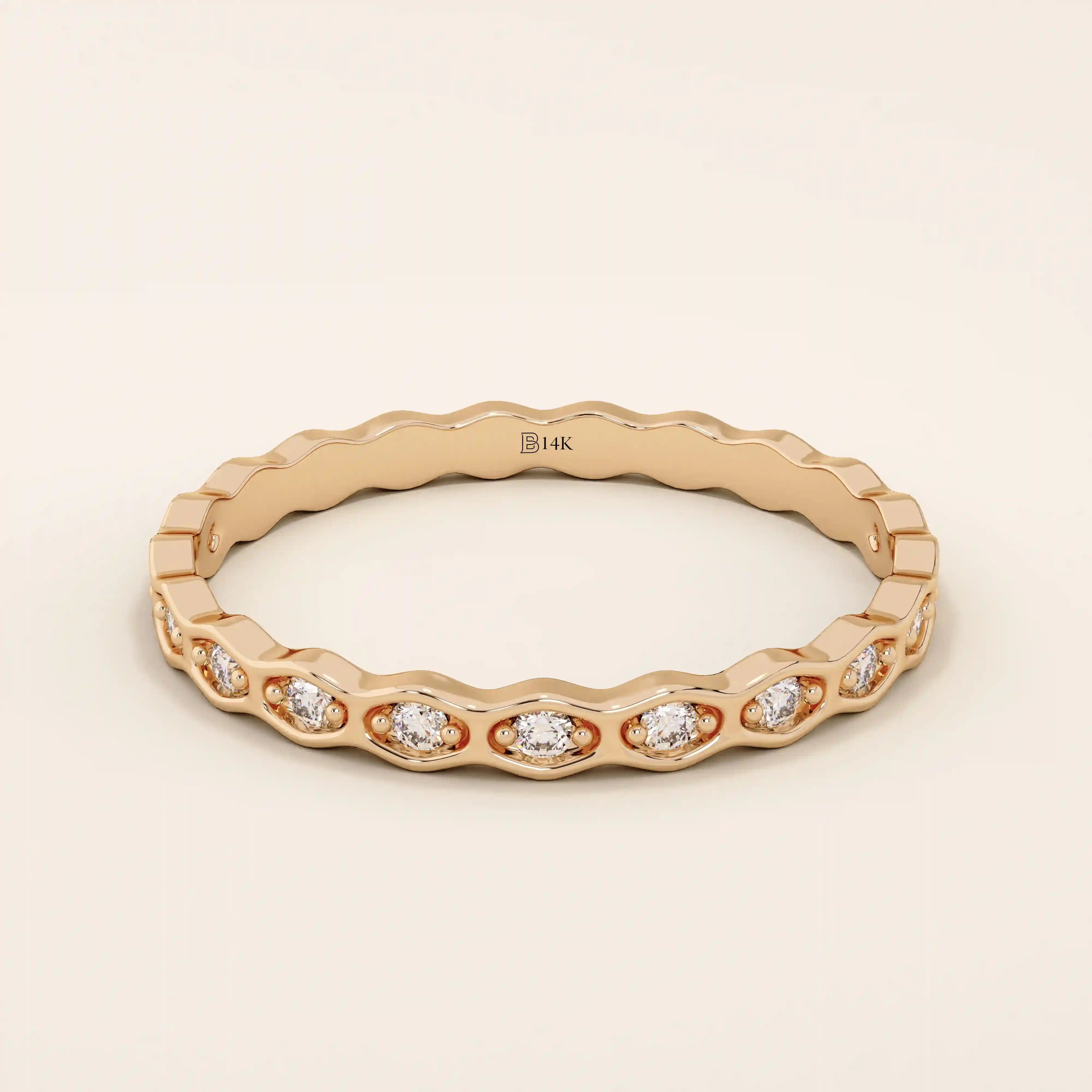 14K SOLID YELLOW GOLD SLIM BAND STACKABLE HIVE WEDDING RING FOR WOMEN