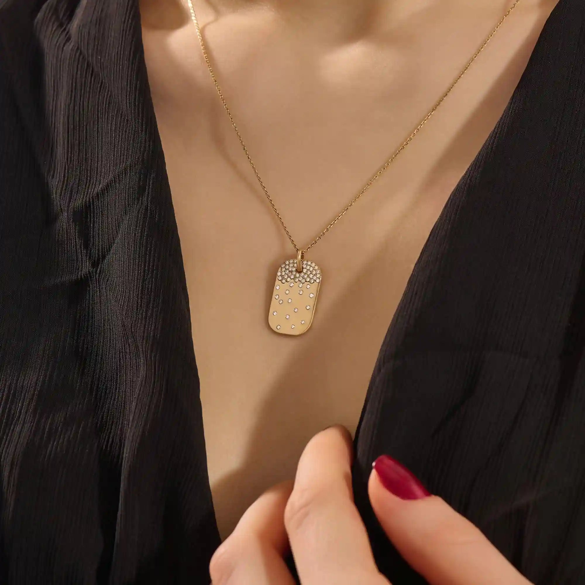 14K SOLID GOLD RECTANGLE TAG PENDANT NECKLACE WITH SCATTERED PAVE TINY MOISSANITE STONES FOR WOMEN
