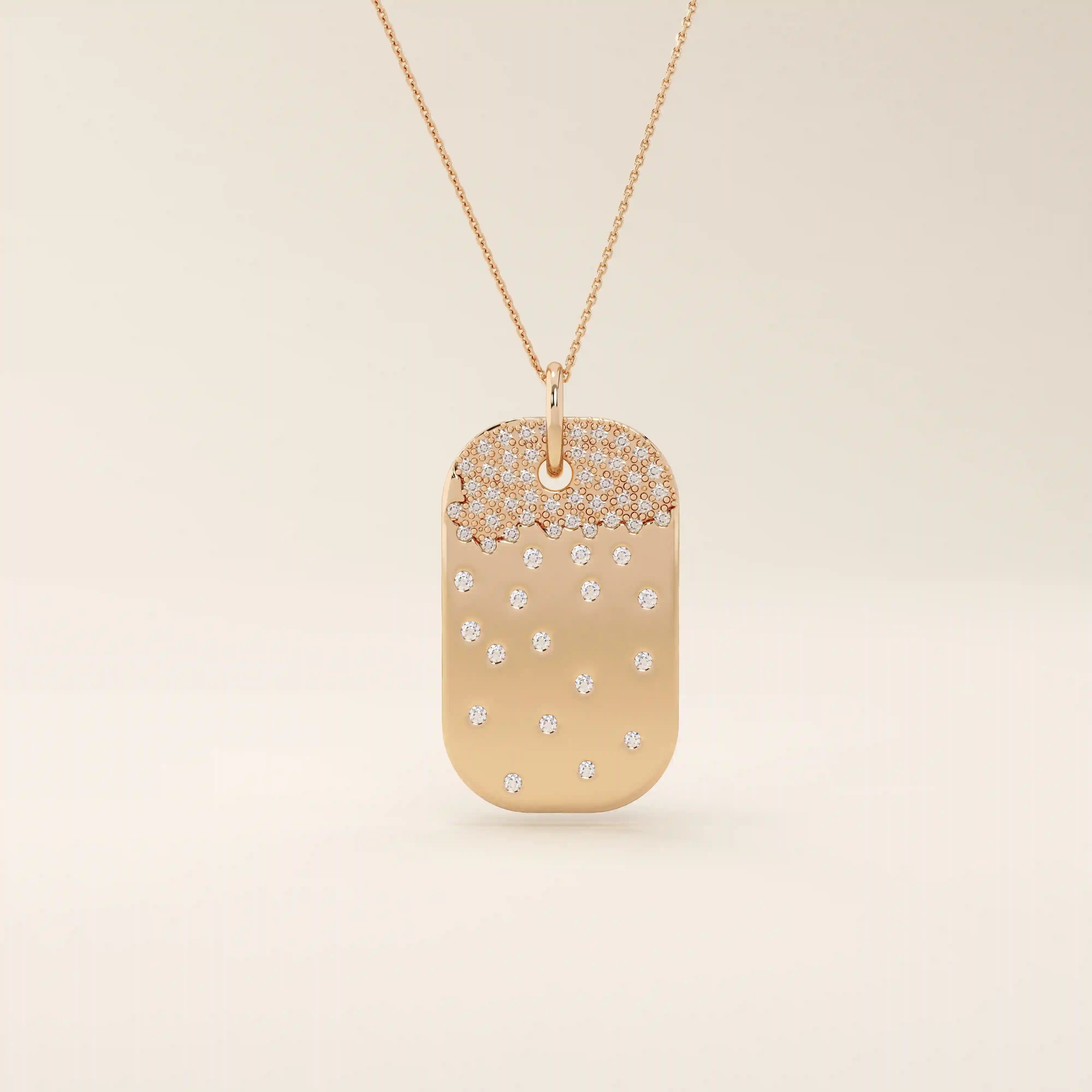 14K SOLID GOLD RECTANGLE TAG PENDANT NECKLACE WITH SCATTERED PAVE TINY MOISSANITE STONES FOR WOMEN
