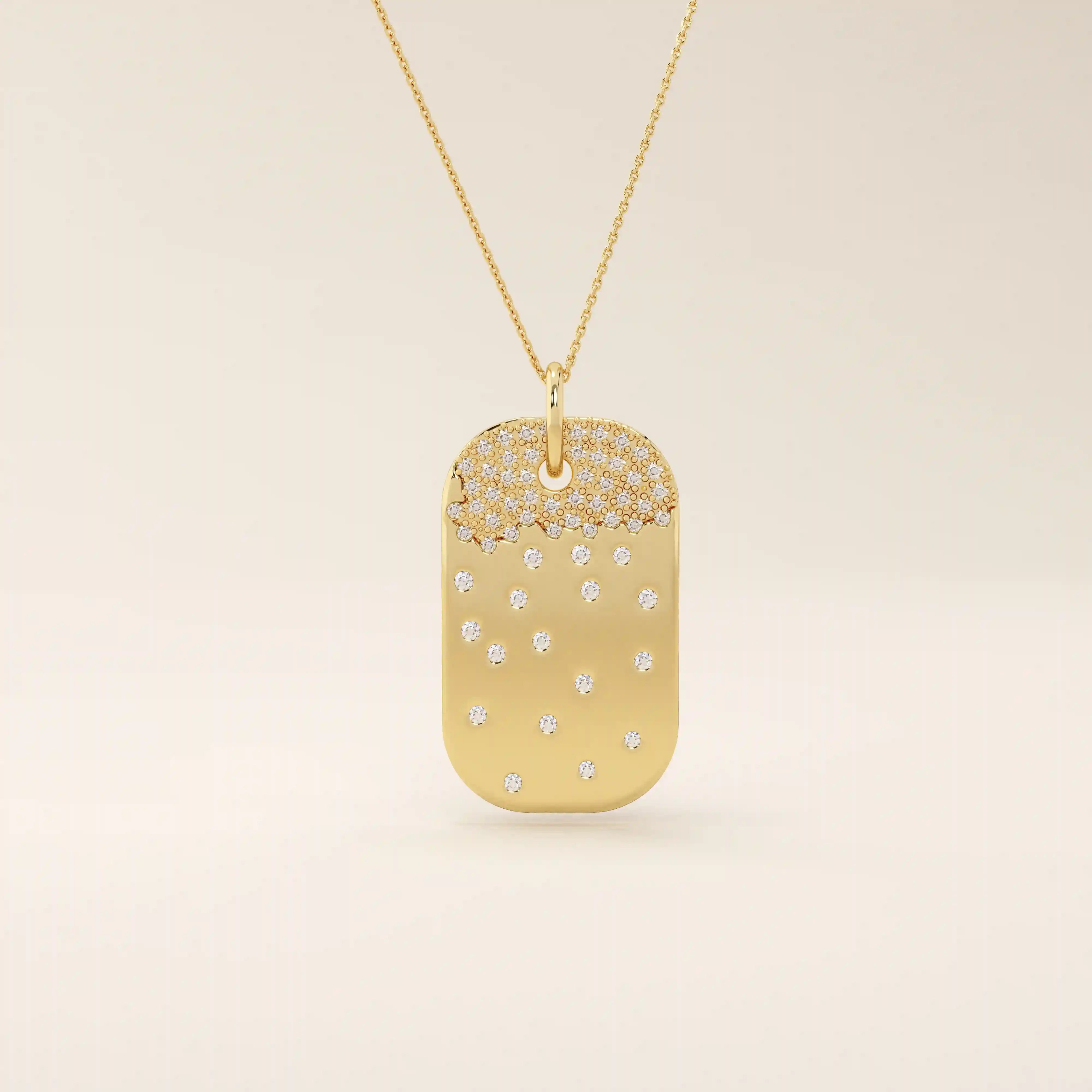 14K SOLID GOLD RECTANGLE TAG PENDANT NECKLACE WITH SCATTERED PAVE TINY MOISSANITE STONES FOR WOMEN