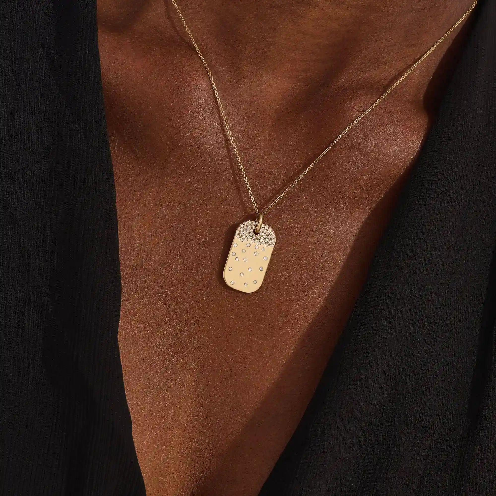 14K SOLID GOLD RECTANGLE TAG PENDANT NECKLACE WITH SCATTERED PAVE TINY MOISSANITE STONES FOR WOMEN