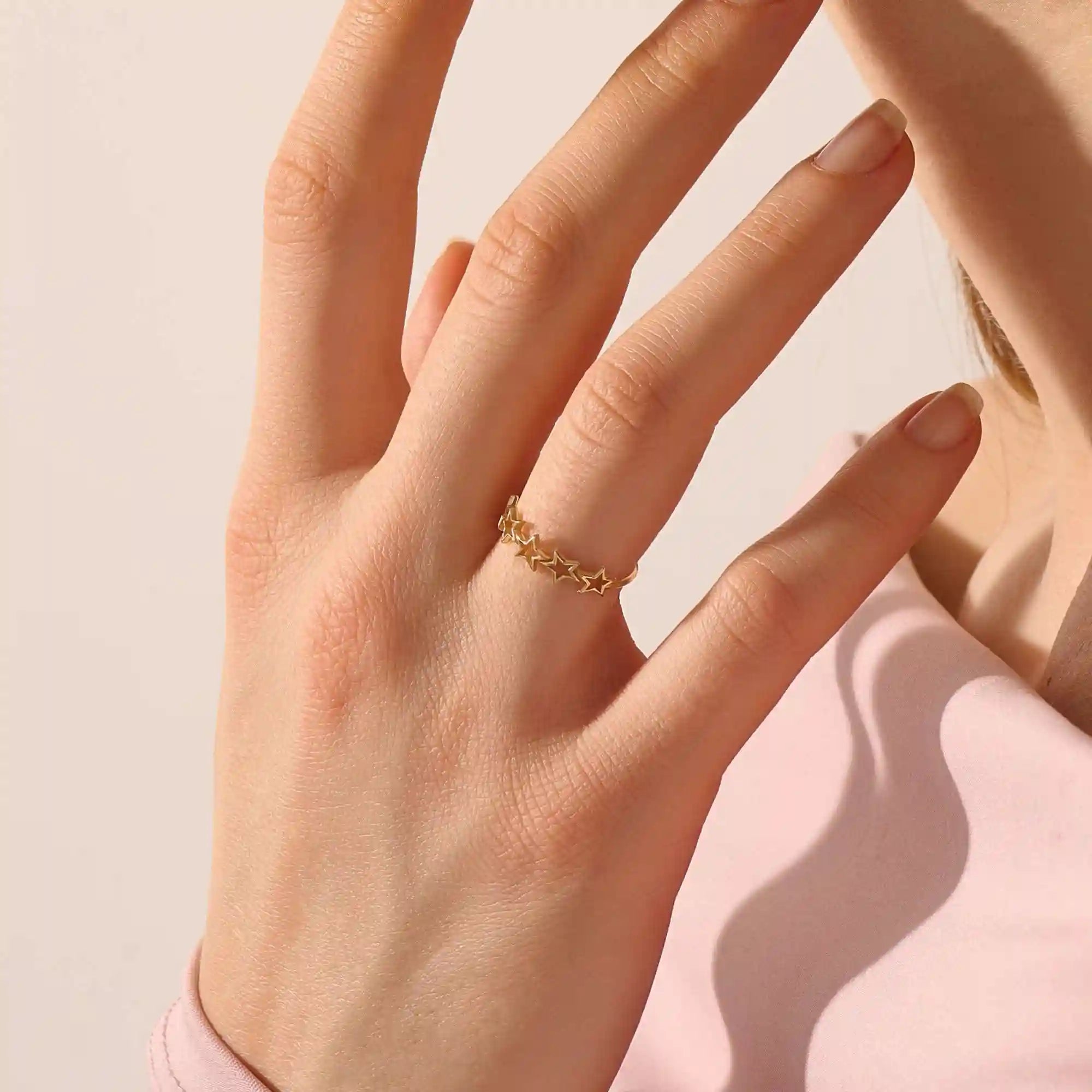 14K SOLID YELLOW GOLD 5 STARS STACKING STATEMENT RING FOR WOMAN