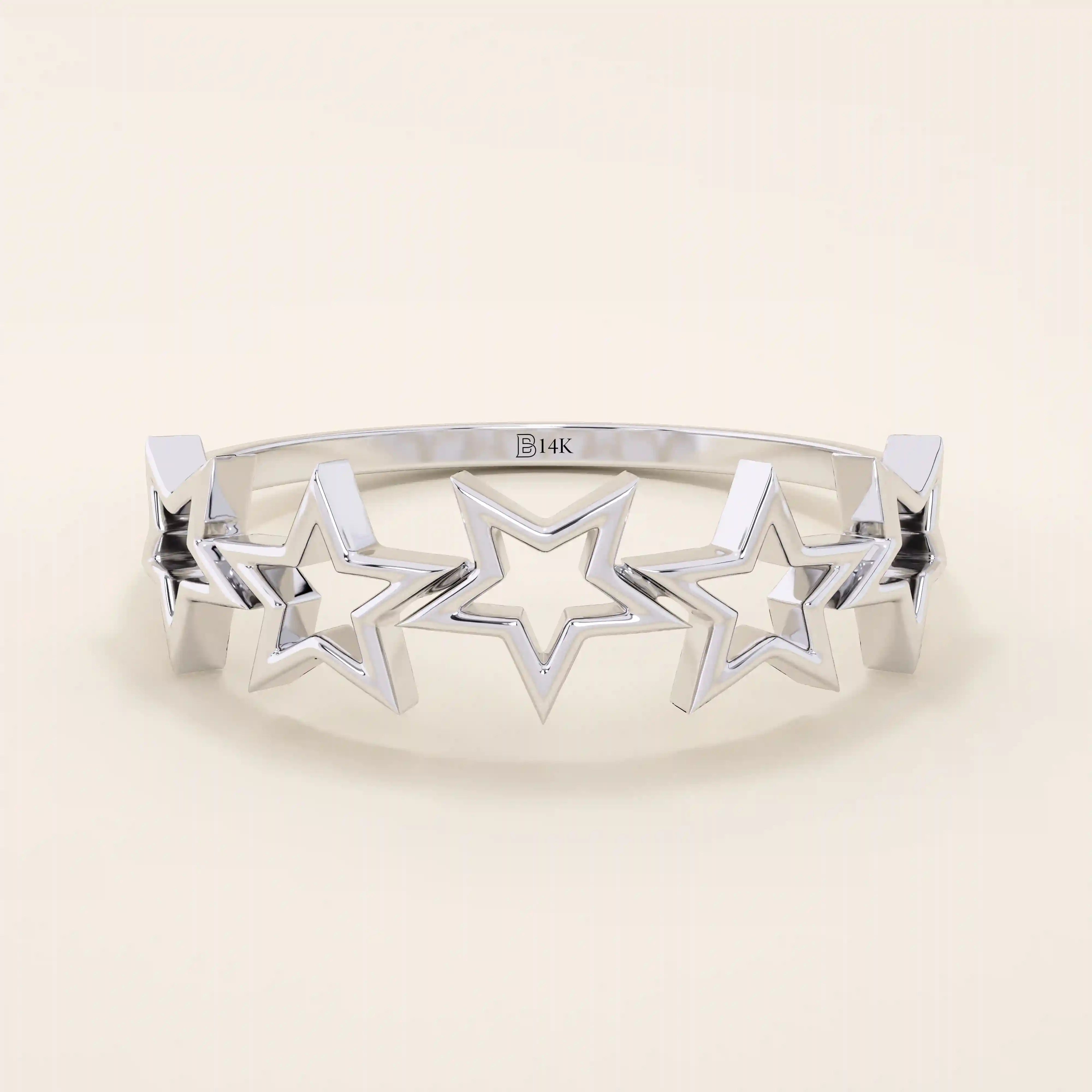 14K SOLID YELLOW GOLD 5 STARS STACKING STATEMENT RING FOR WOMAN