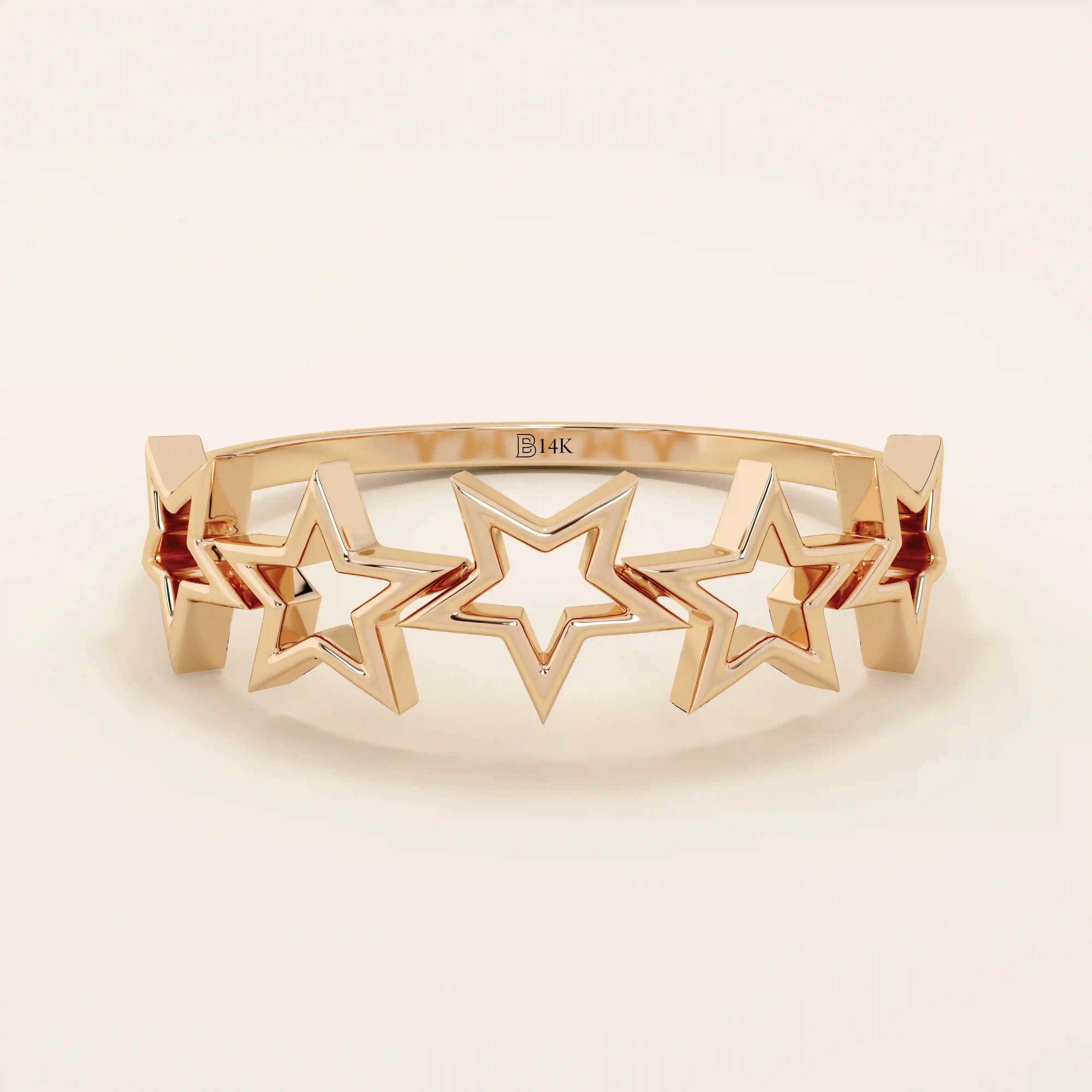 14K SOLID YELLOW GOLD 5 STARS STACKING STATEMENT RING FOR WOMAN