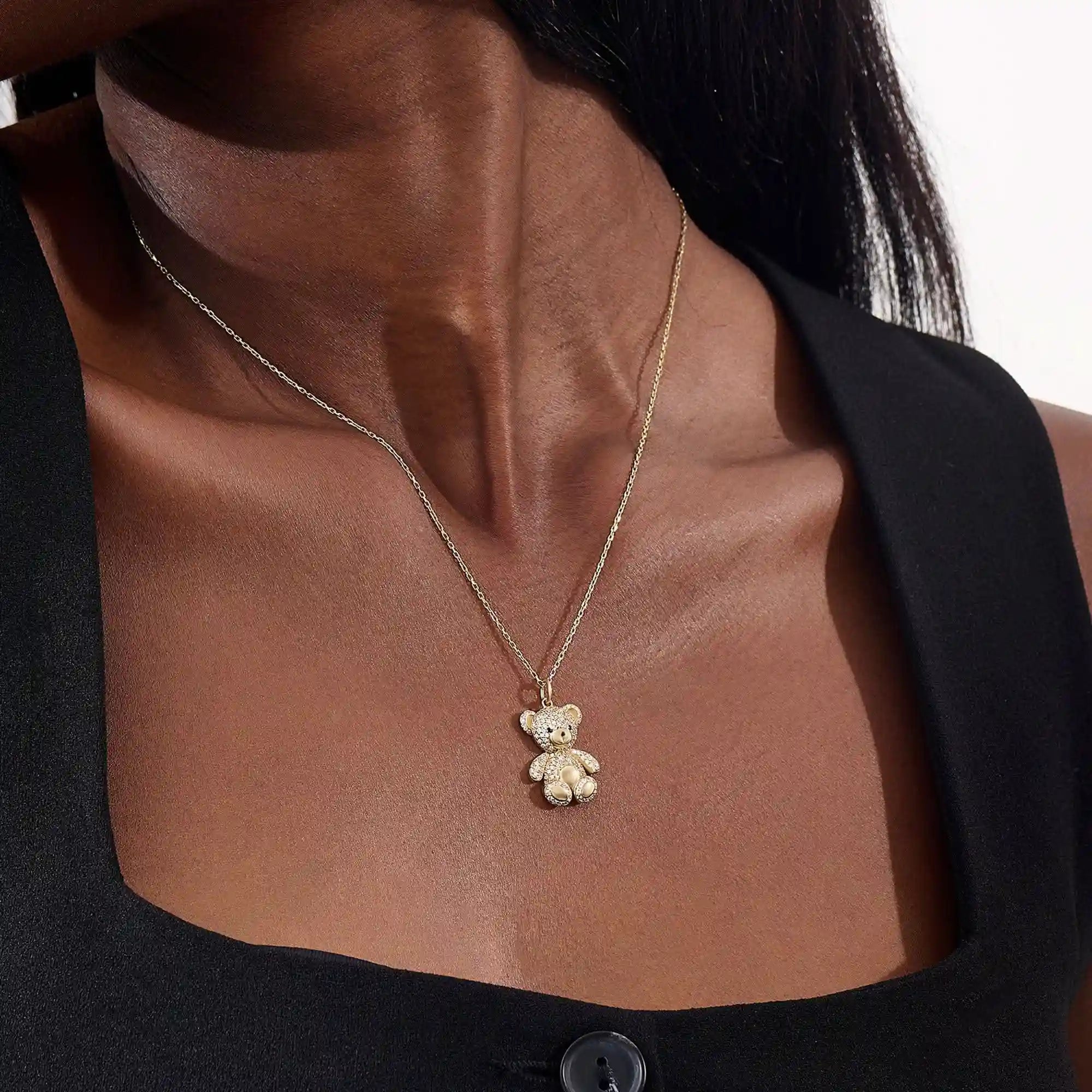 14K SOLID GOLD PAVE MOISSANITE TEDDY BEAR PENDANT NECKLACE FOR WOMEN