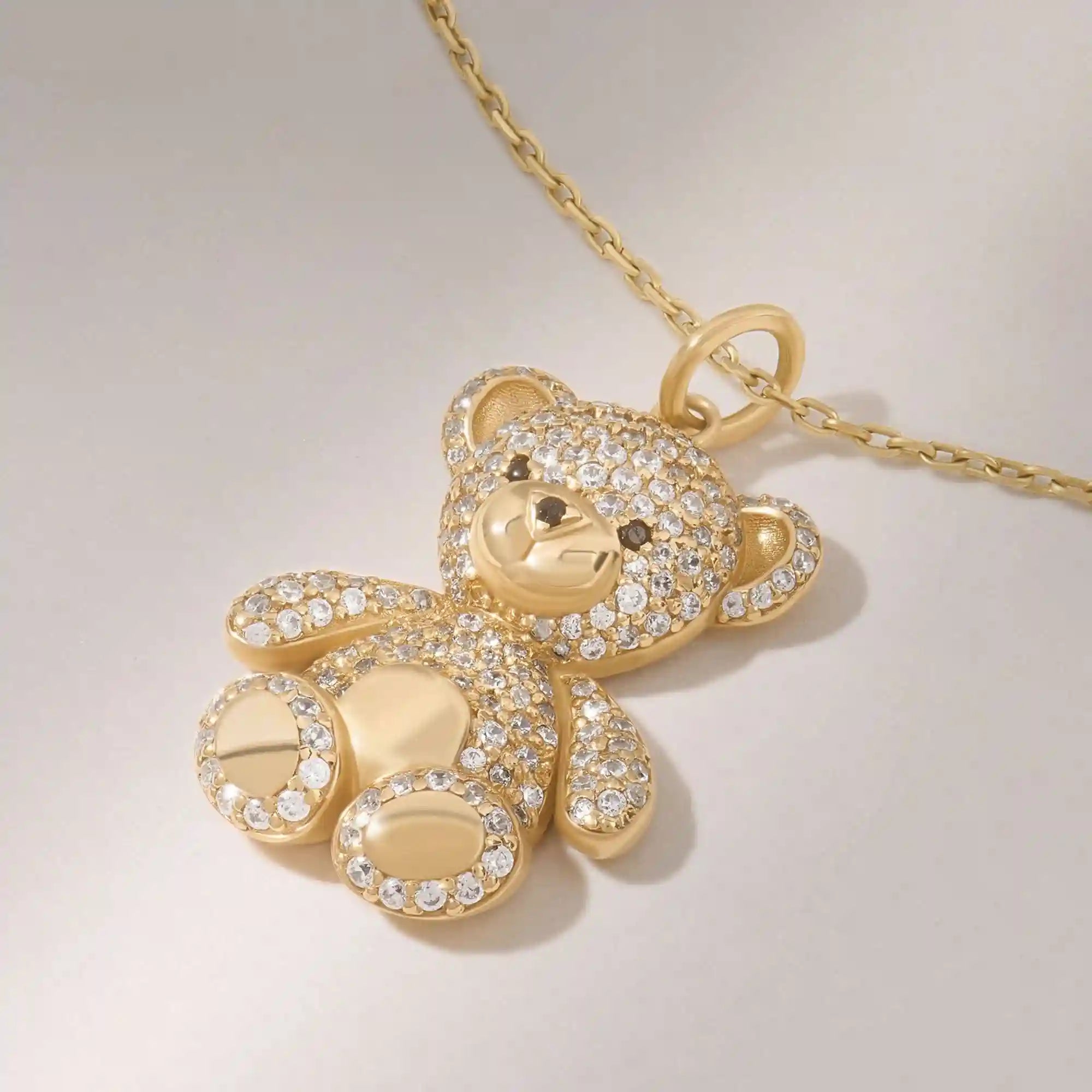 14K SOLID GOLD PAVE MOISSANITE TEDDY BEAR PENDANT NECKLACE FOR WOMEN