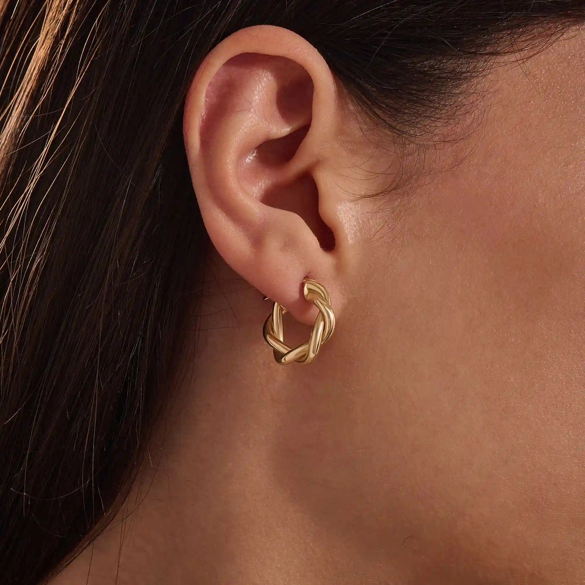 14k solid gold twisted thick band hoop earrings for women