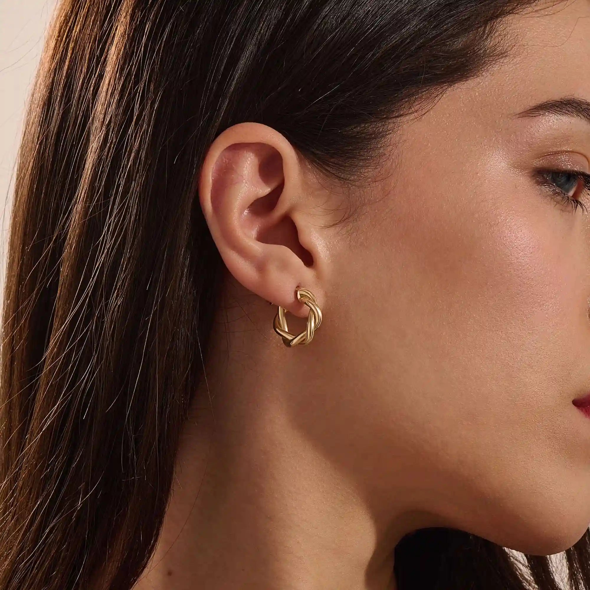 14k solid gold twisted thick band hoop earrings for women
