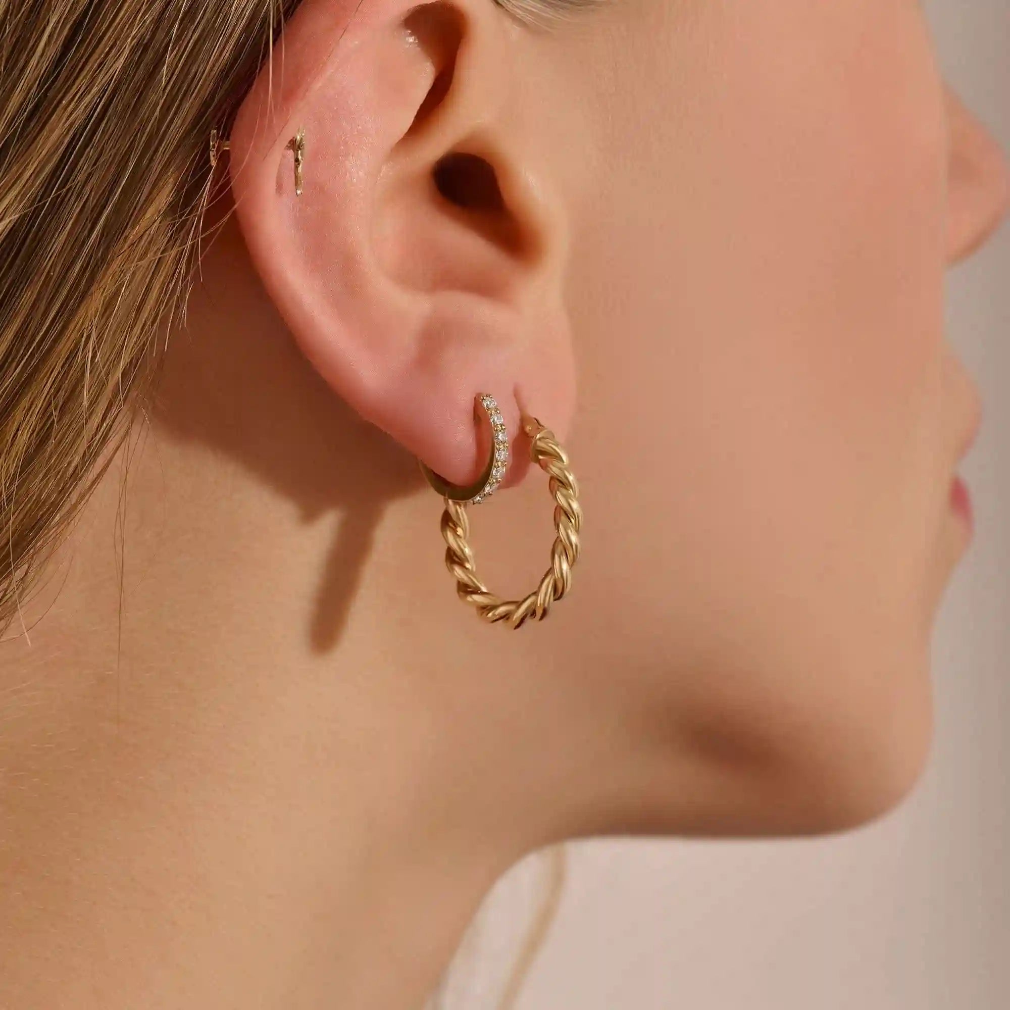 14k solid gold twisted rope band hoop earrings for women