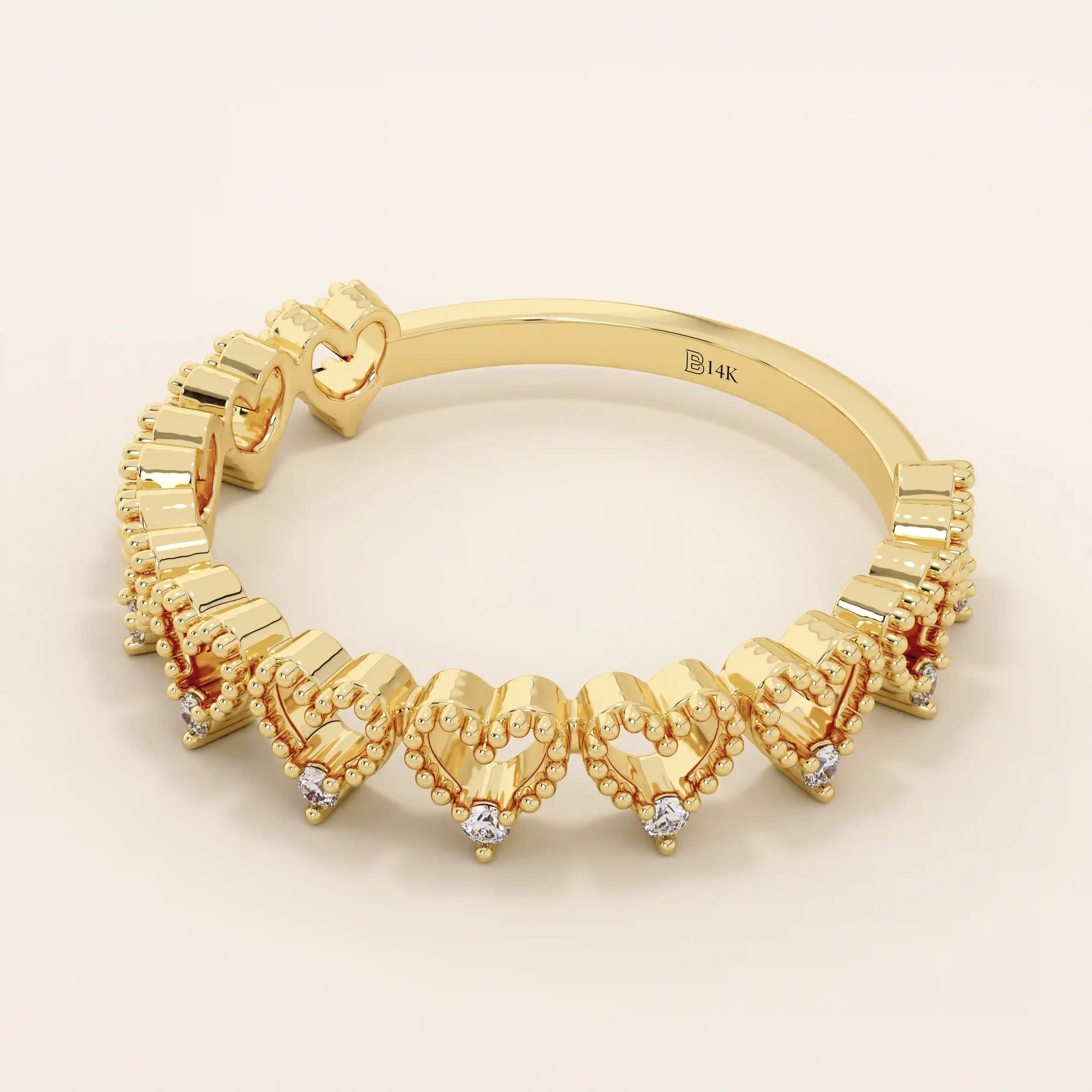 14K SOLID GOLD HALF ETERNITY MILGRAIN HEART STACKING RING FOR WOMEN