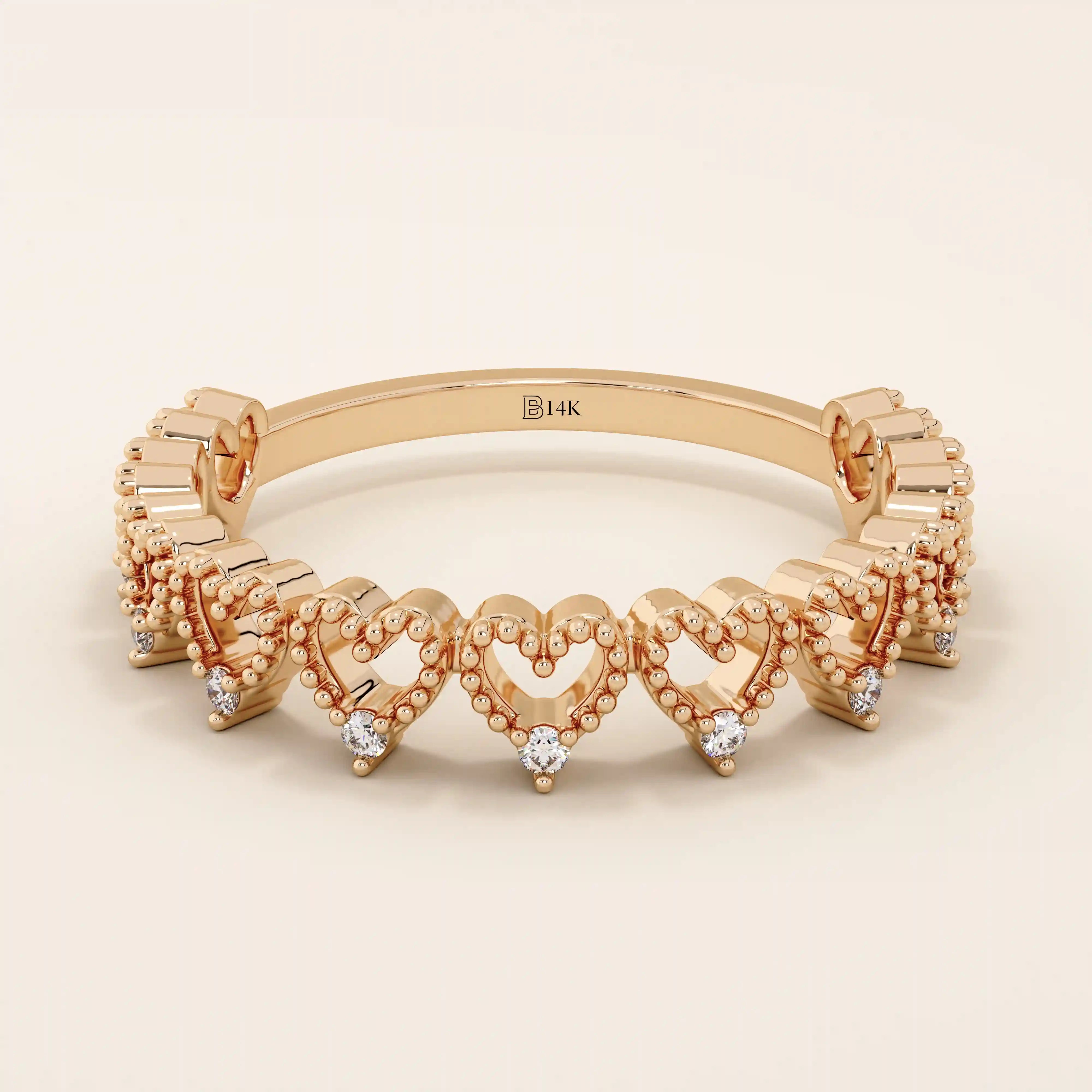 14K SOLID GOLD HALF ETERNITY MILGRAIN HEART STACKING RING FOR WOMEN