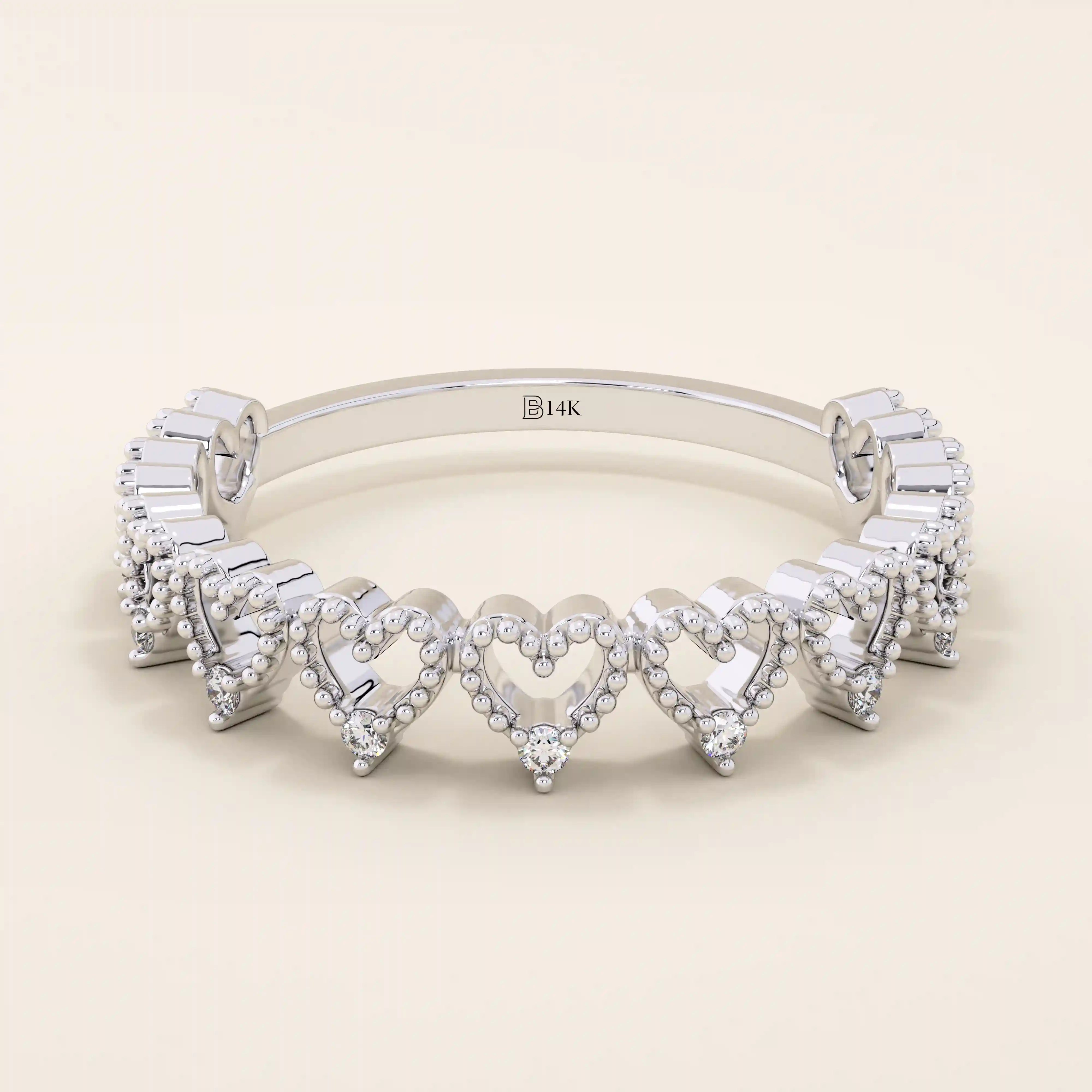 14K SOLID GOLD HALF ETERNITY MILGRAIN HEART STACKING RING FOR WOMEN