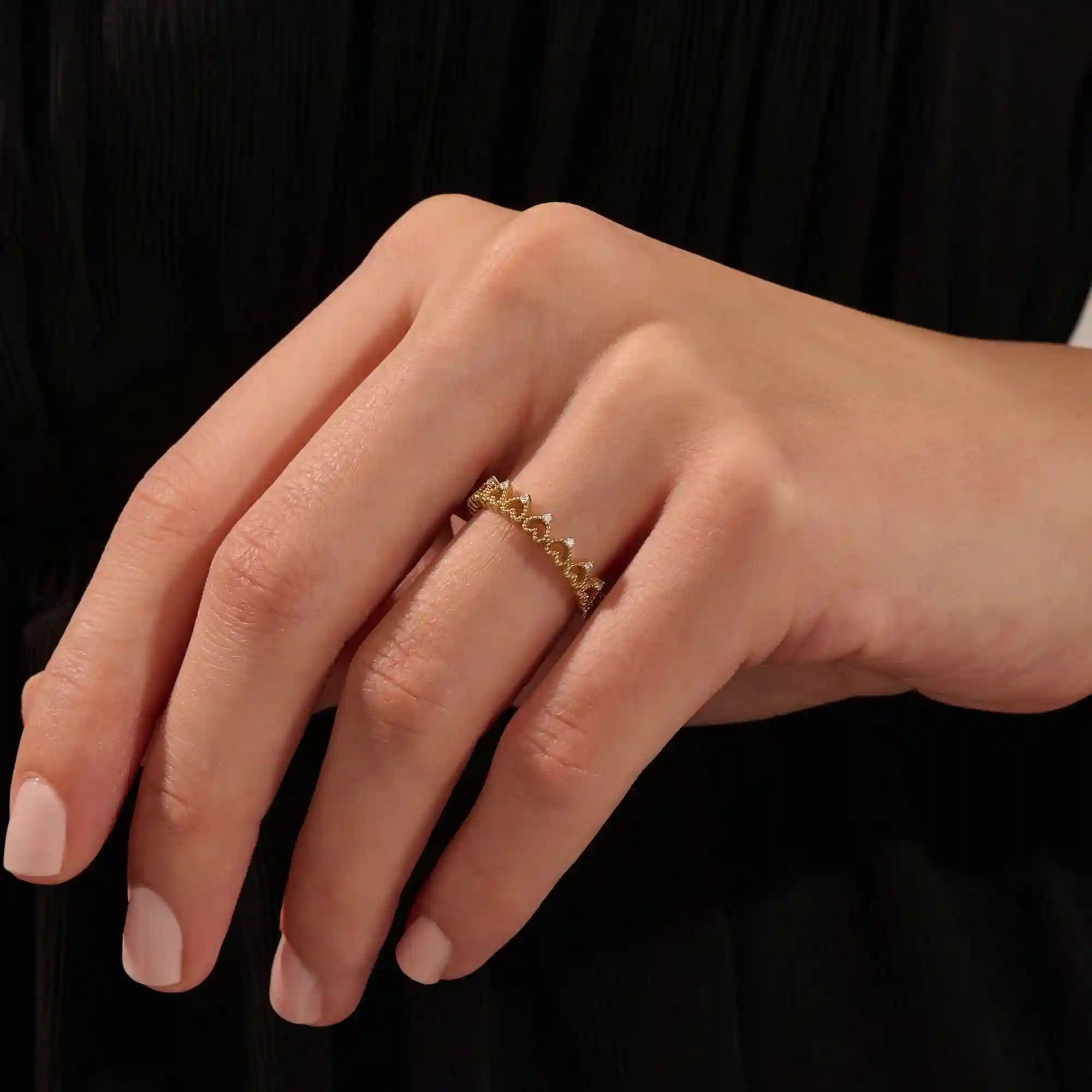 14K SOLID GOLD HALF ETERNITY MILGRAIN HEART STACKING RING FOR WOMEN