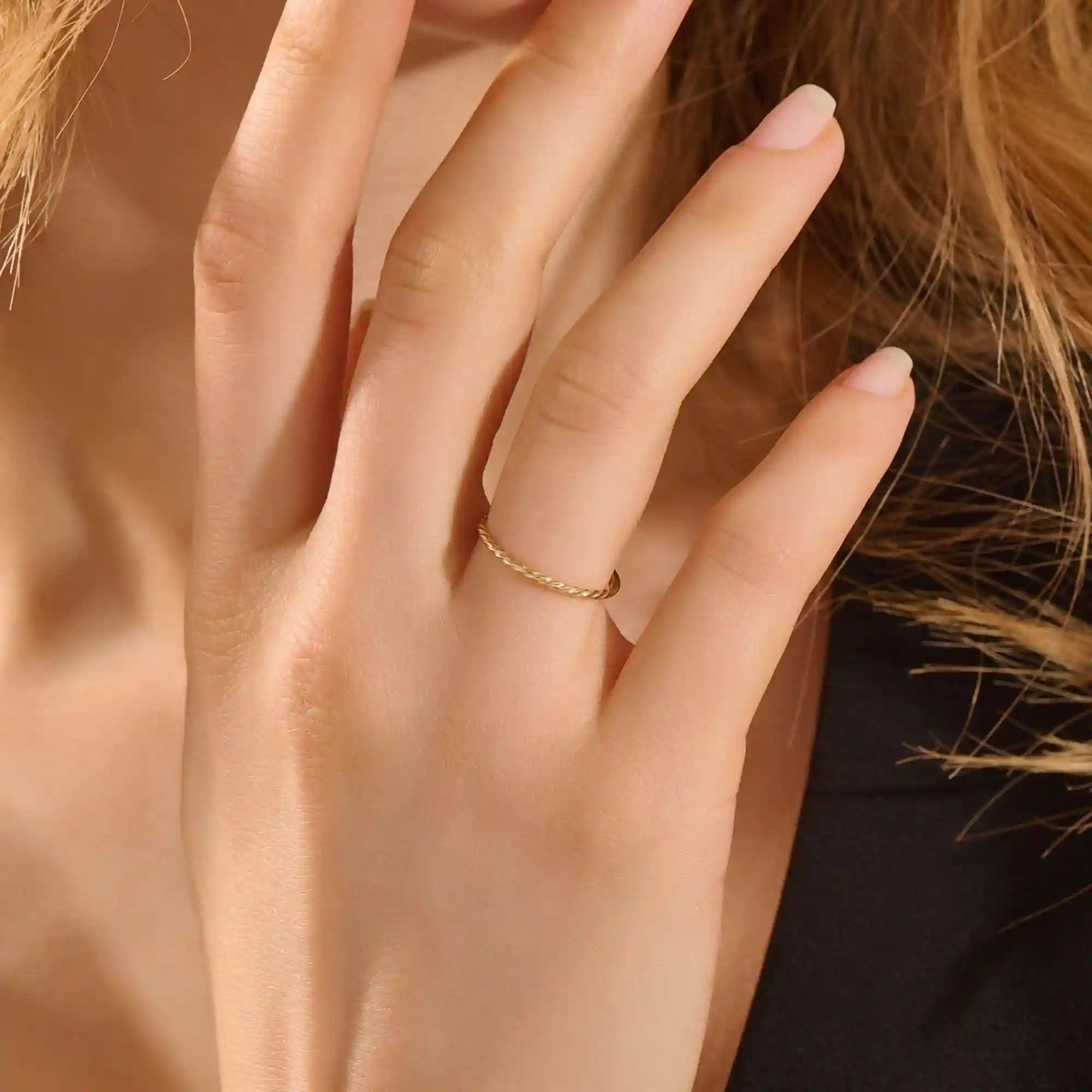 14k solid gold half twisted band stacking ring for women