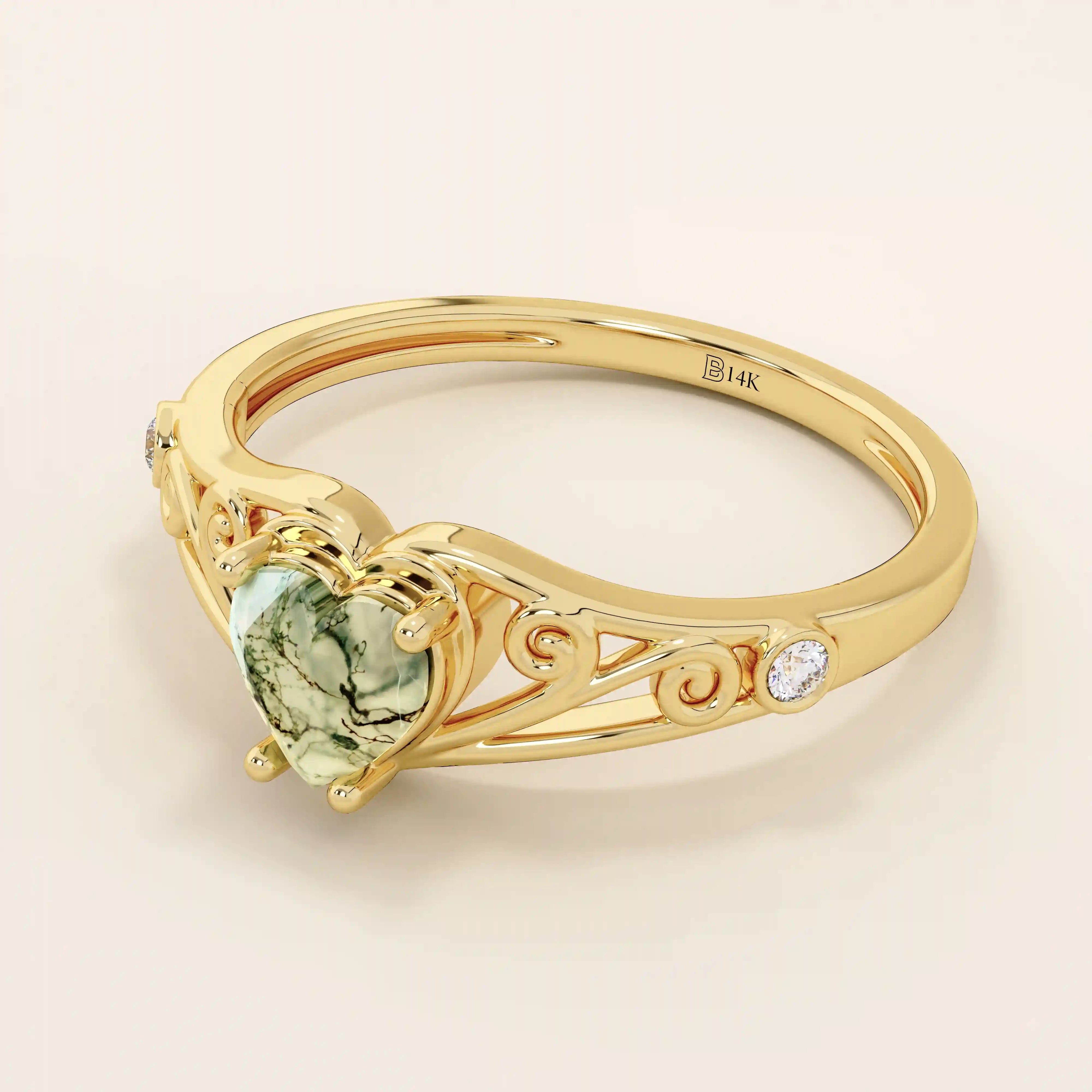 cute Celtic design vintage Heart cut Moss Agate solitaire engagement Ring in 14k solid yellow gold for women