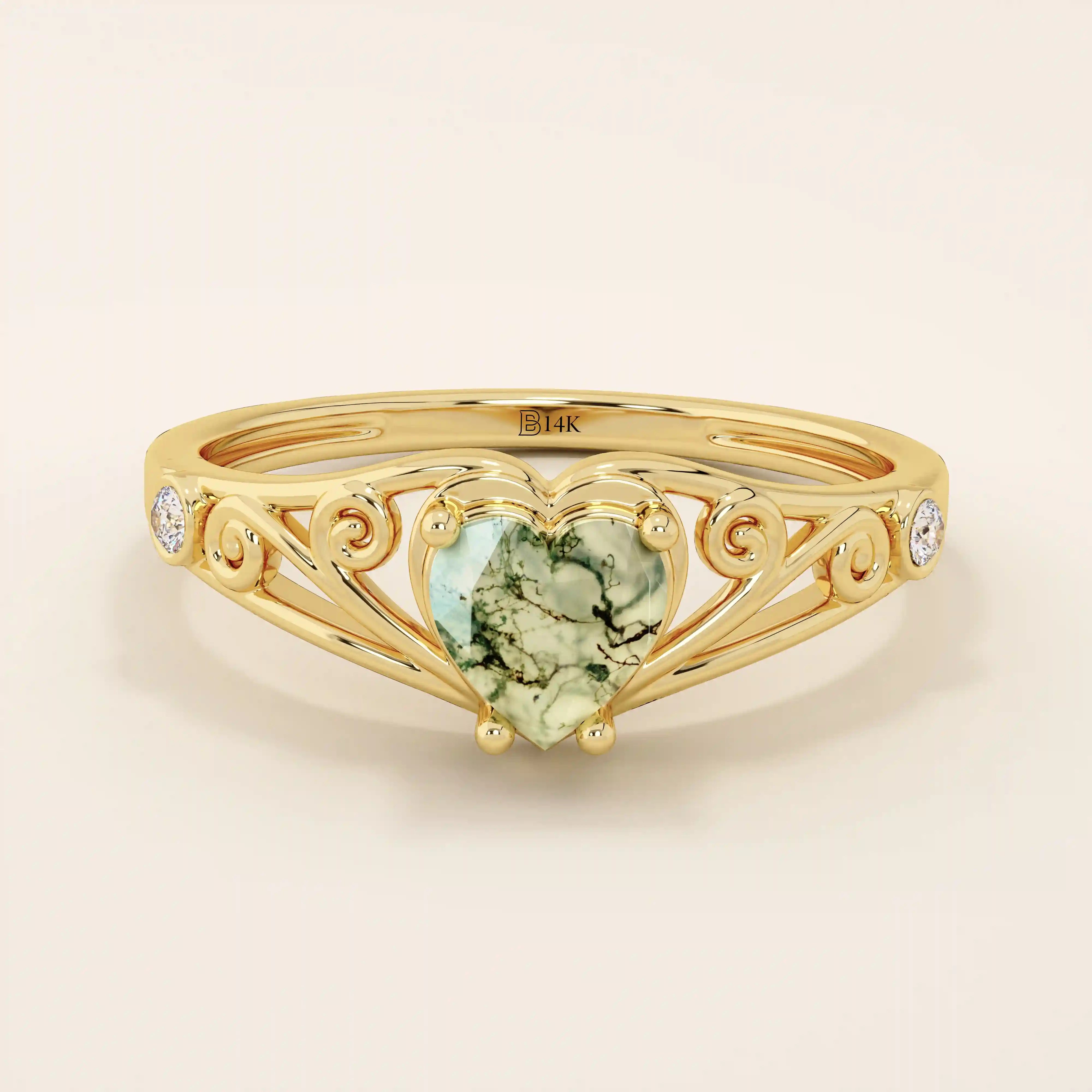 cute Celtic design vintage Heart cut Moss Agate solitaire engagement Ring in 14k solid yellow gold for women