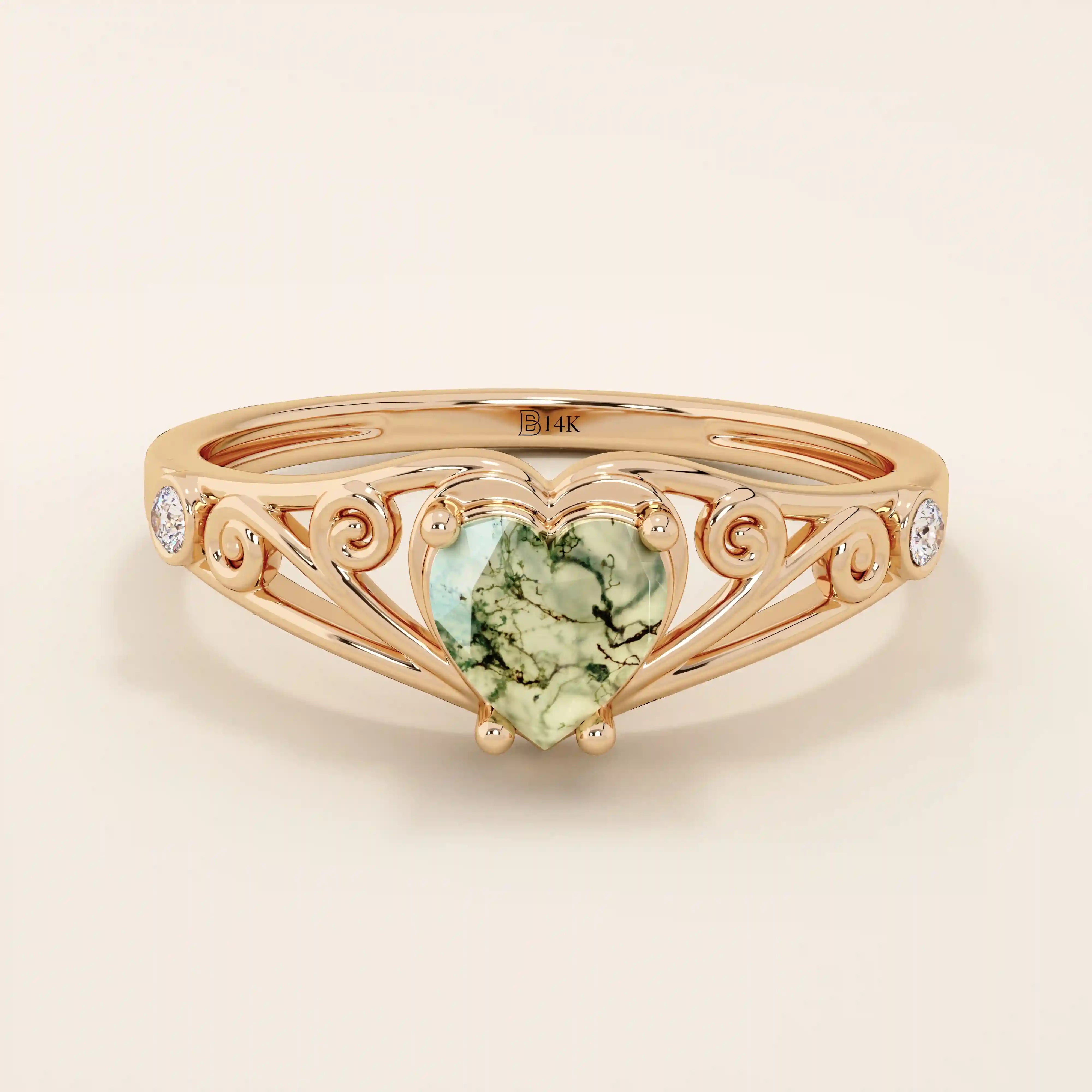 cute Celtic design vintage Heart cut Moss Agate solitaire engagement Ring in 14k solid yellow gold for women