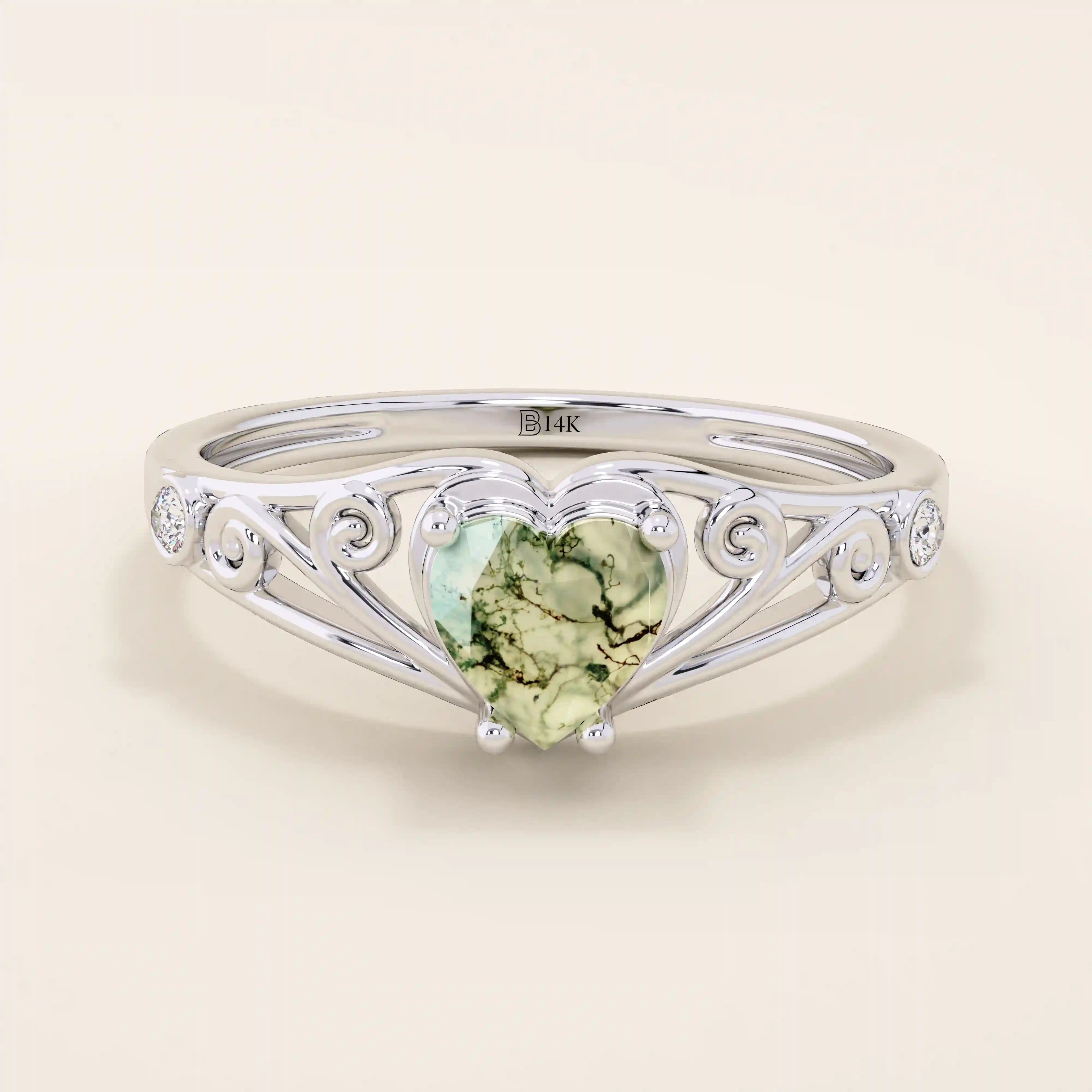 cute Celtic design vintage Heart cut Moss Agate solitaire engagement Ring in 14k solid yellow gold for women