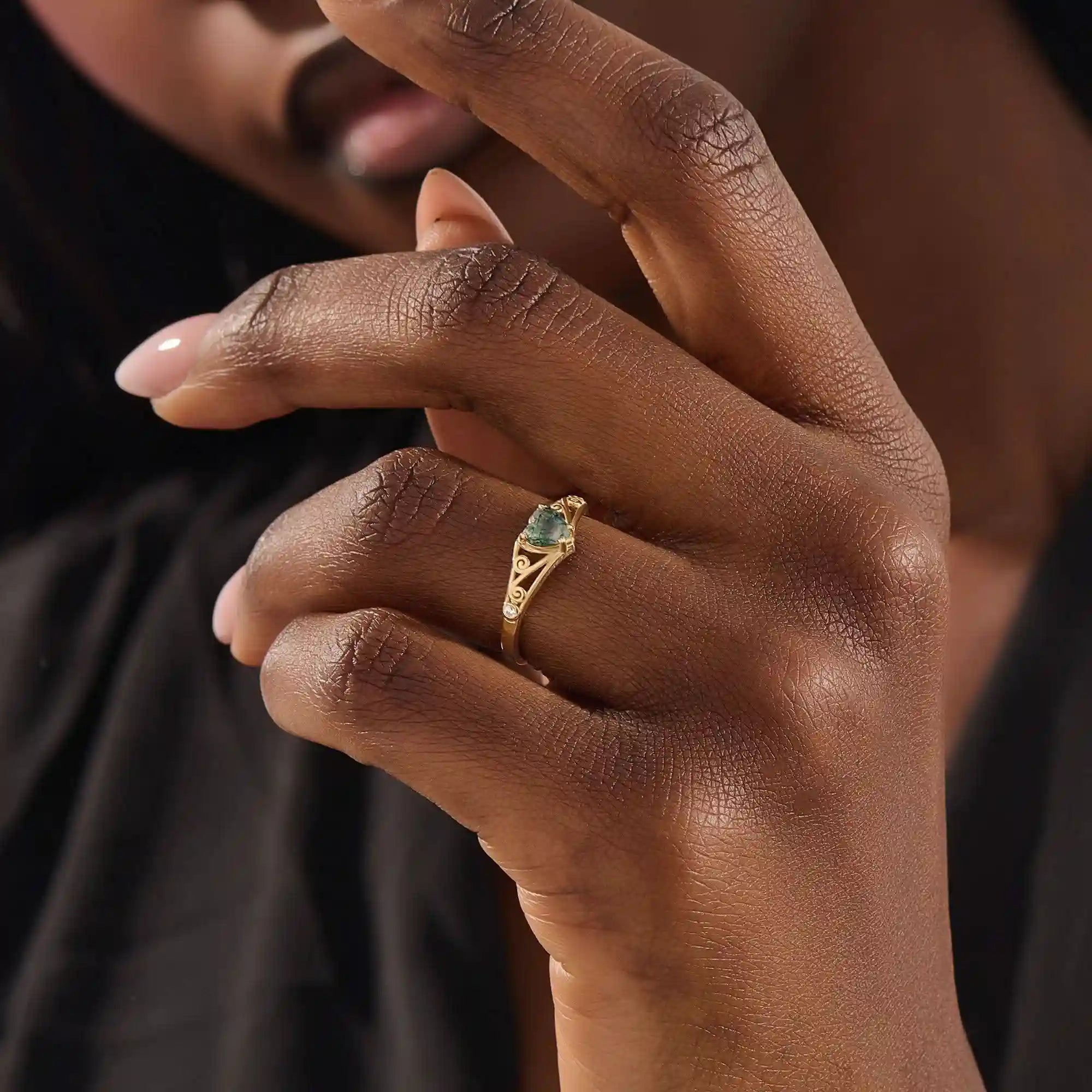 cute Celtic design vintage Heart cut Moss Agate solitaire engagement Ring in 14k solid yellow gold for women
