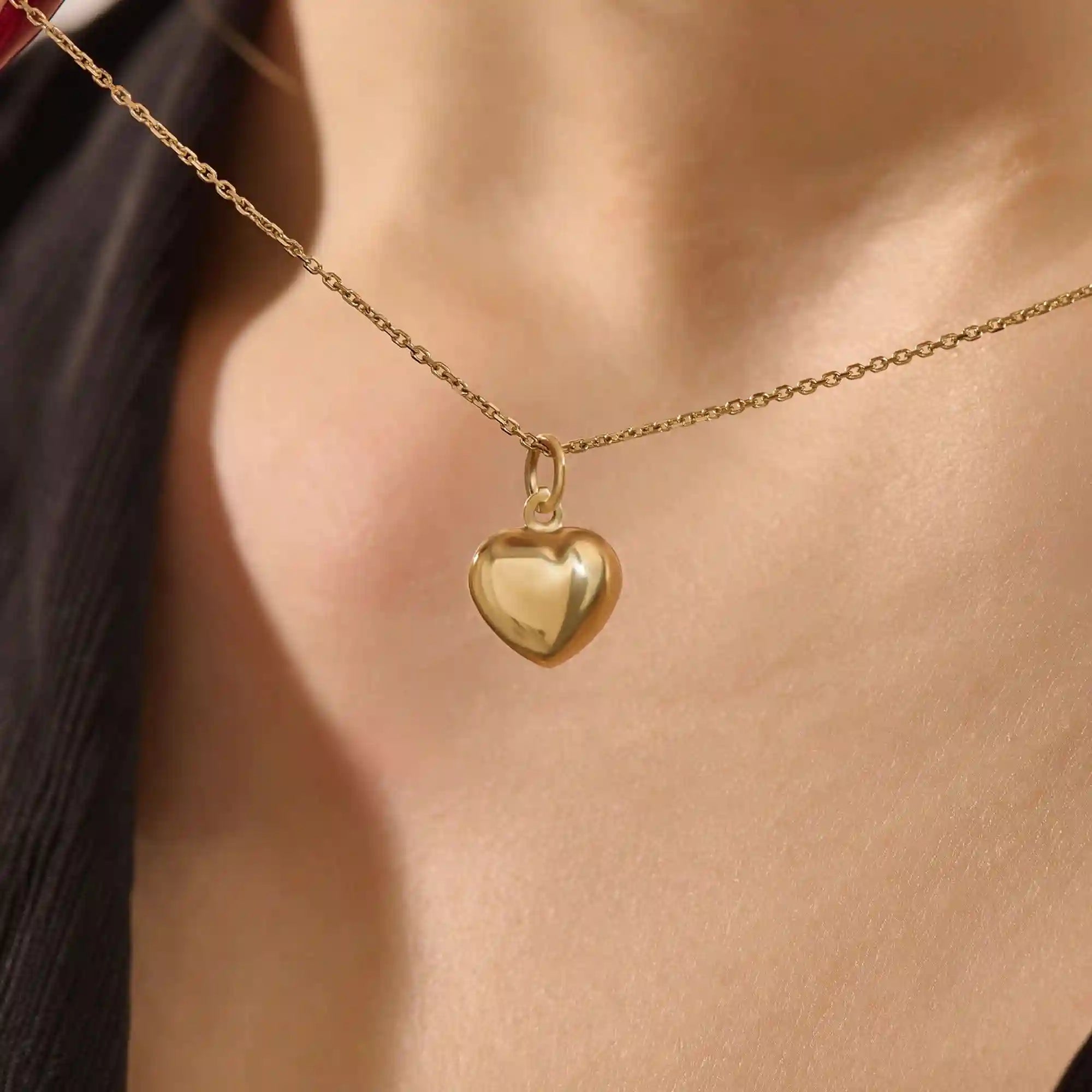 14K SOLID PLAIN YELLOW GOLD 3D HEART PENDANT NECKLACE FOR WOMEN
