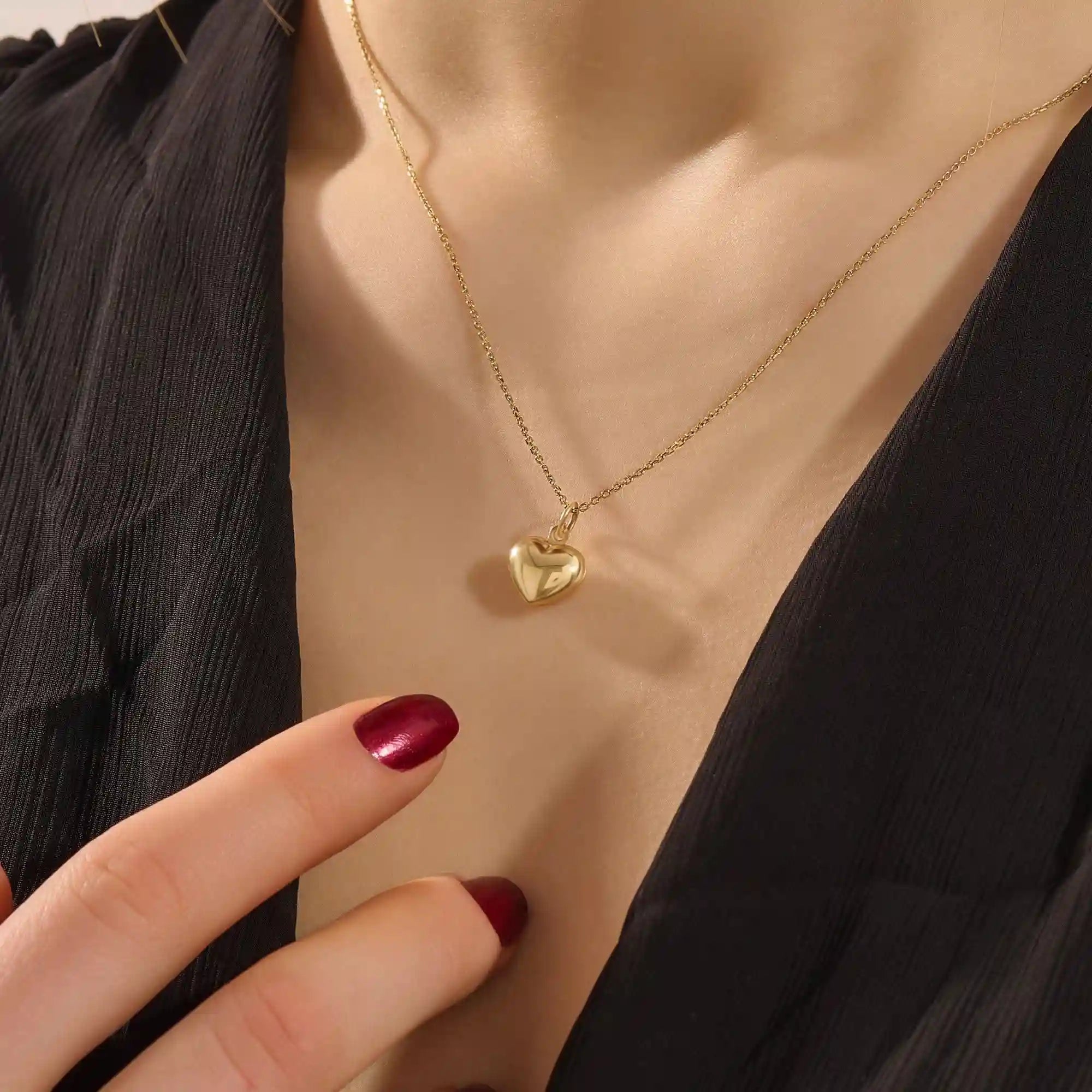 14K SOLID PLAIN YELLOW GOLD 3D HEART PENDANT NECKLACE FOR WOMEN