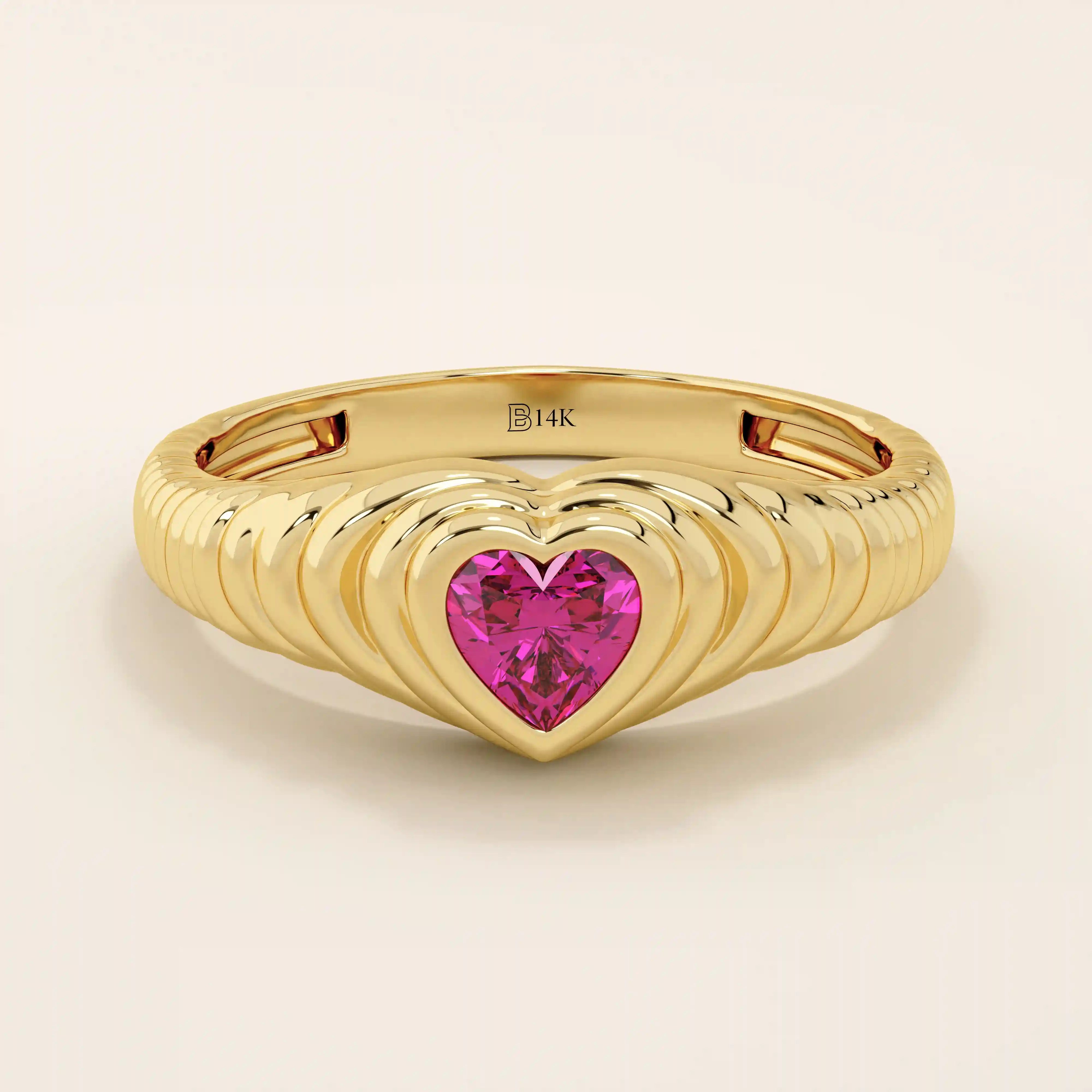 Bezel Ruby Heart Signet Ring – 14k Solid Gold Style – BRENNMORE