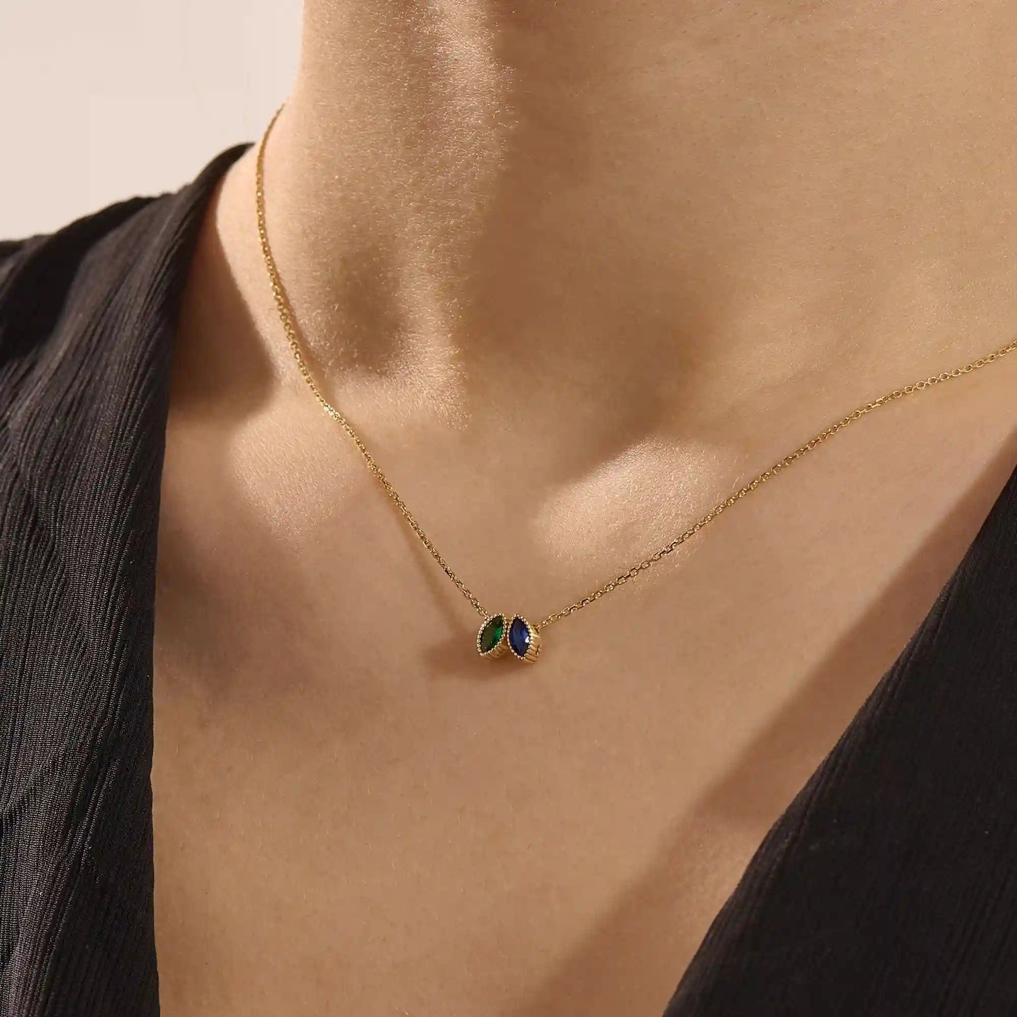 14K SOLID GOLD DOUBLE MARQUISE BIRTHSTONE MOVING CHARM NECKLACE FOR WOMEN