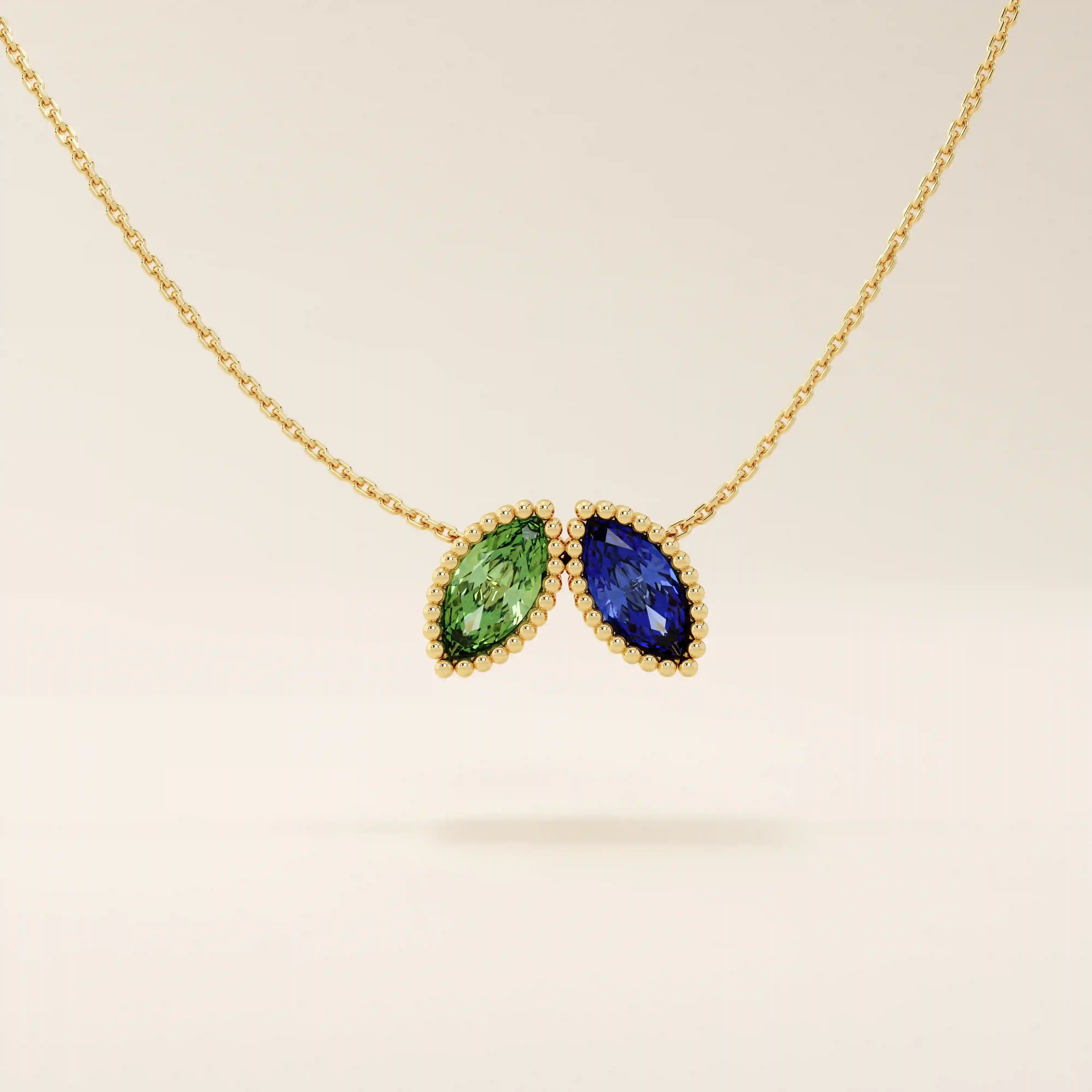 14K SOLID GOLD DOUBLE MARQUISE BIRTHSTONE MOVING CHARM NECKLACE FOR WOMEN