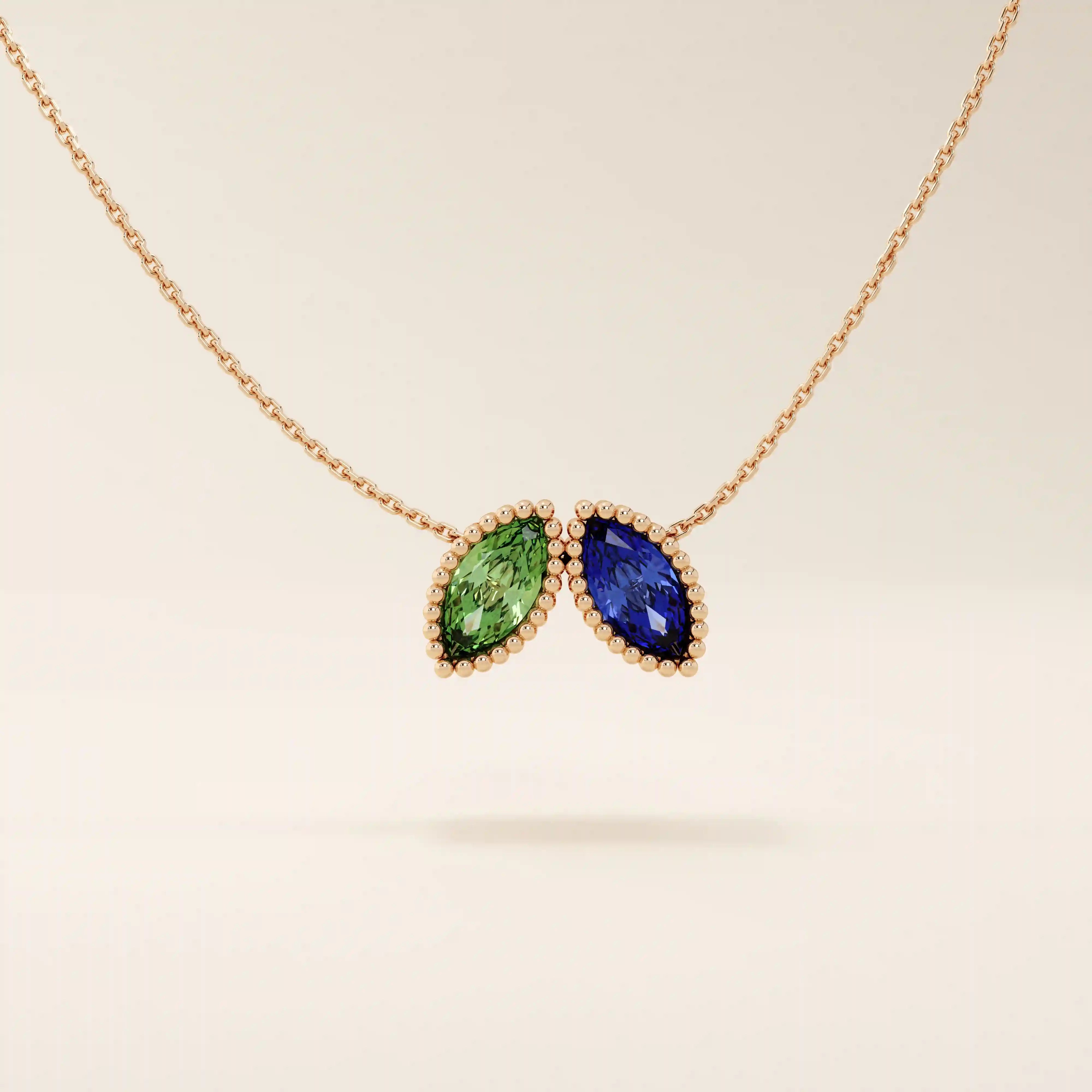 14K SOLID GOLD DOUBLE MARQUISE BIRTHSTONE MOVING CHARM NECKLACE FOR WOMEN
