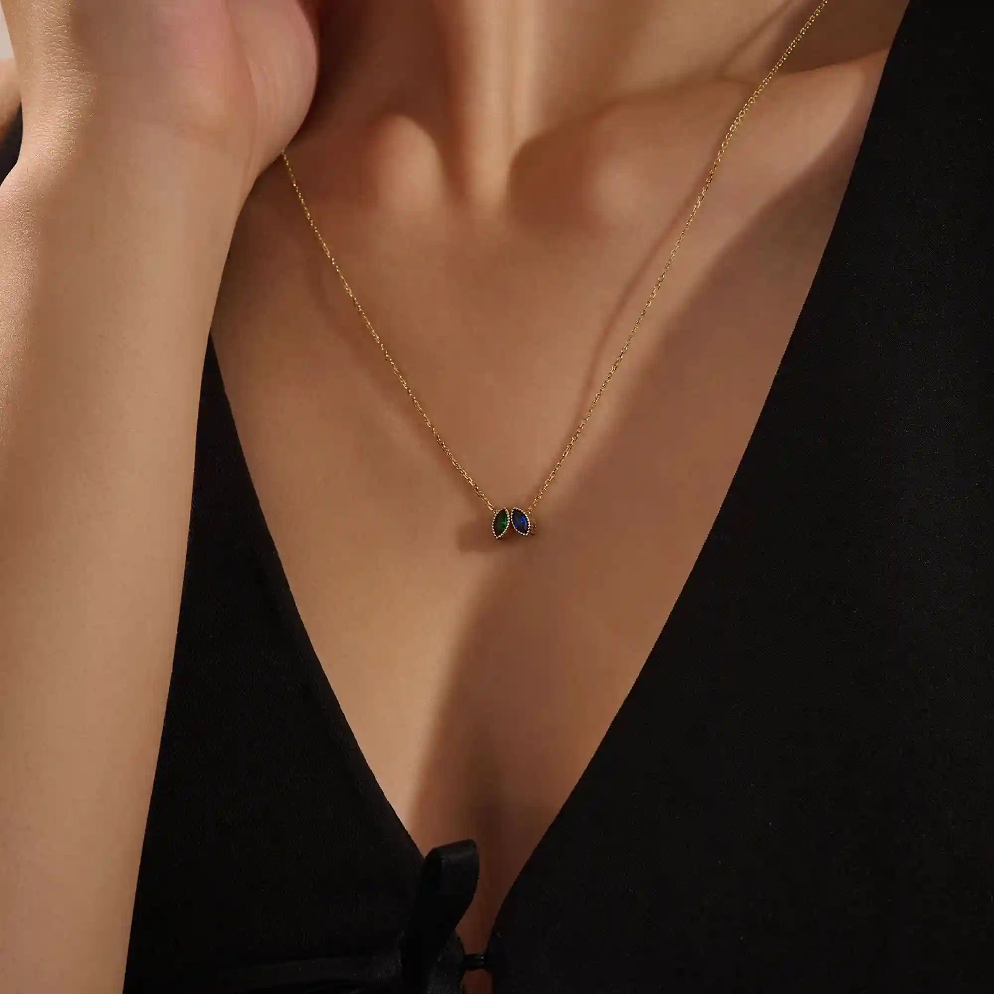 14K SOLID GOLD DOUBLE MARQUISE BIRTHSTONE MOVING CHARM NECKLACE FOR WOMEN