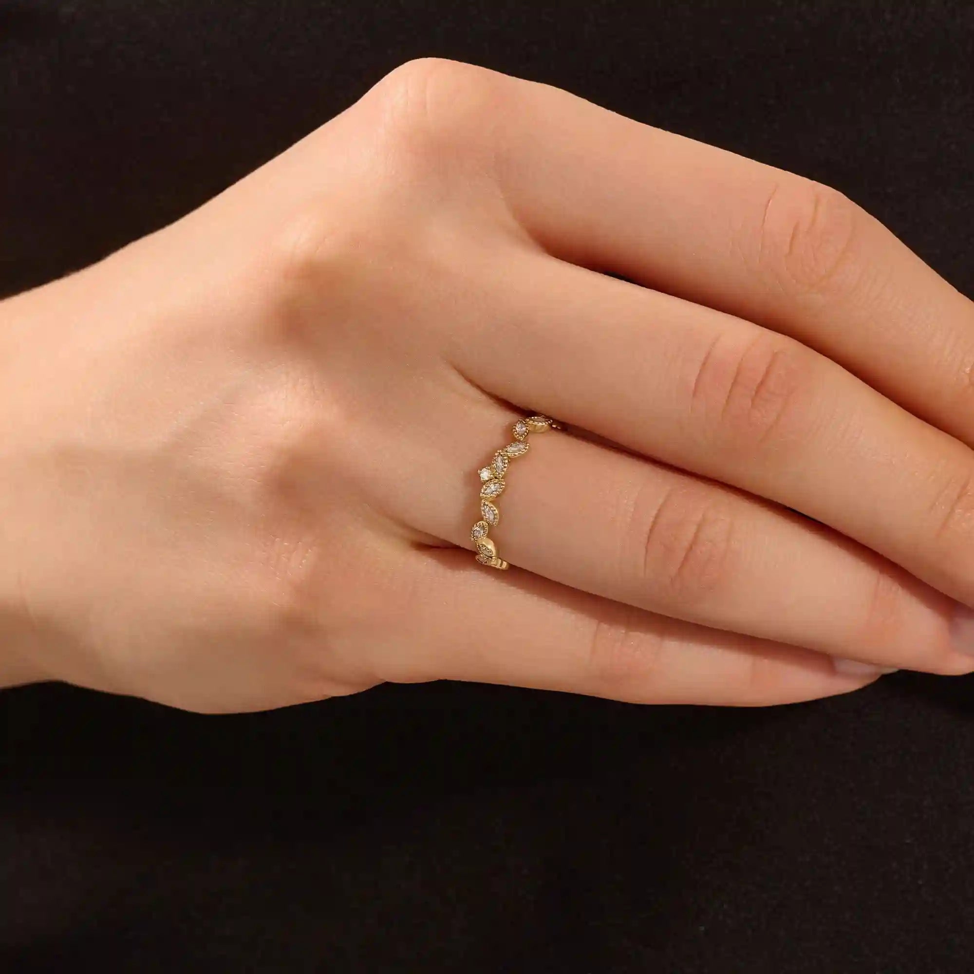 14k solid gold marquise cut leaf vine stackable wedding ring for women