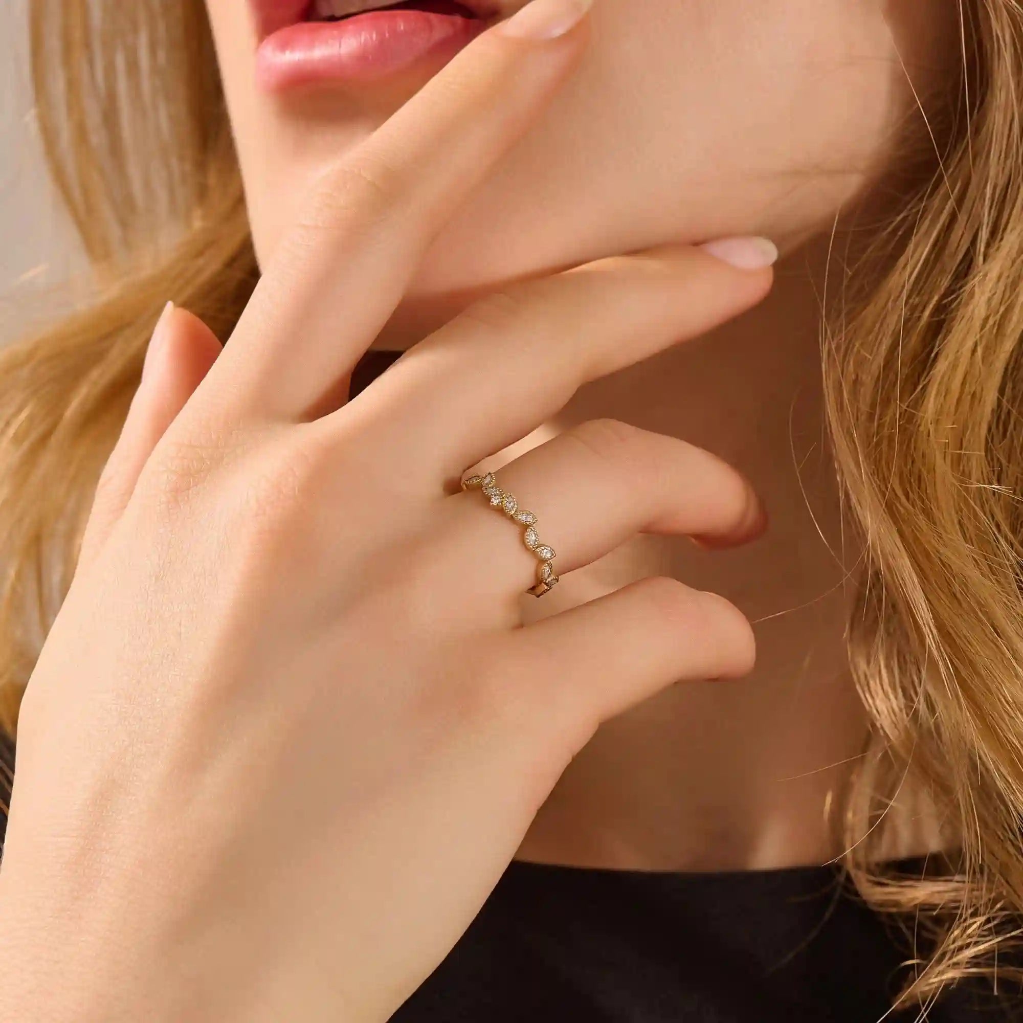 14k solid gold marquise cut leaf vine stackable wedding ring for women