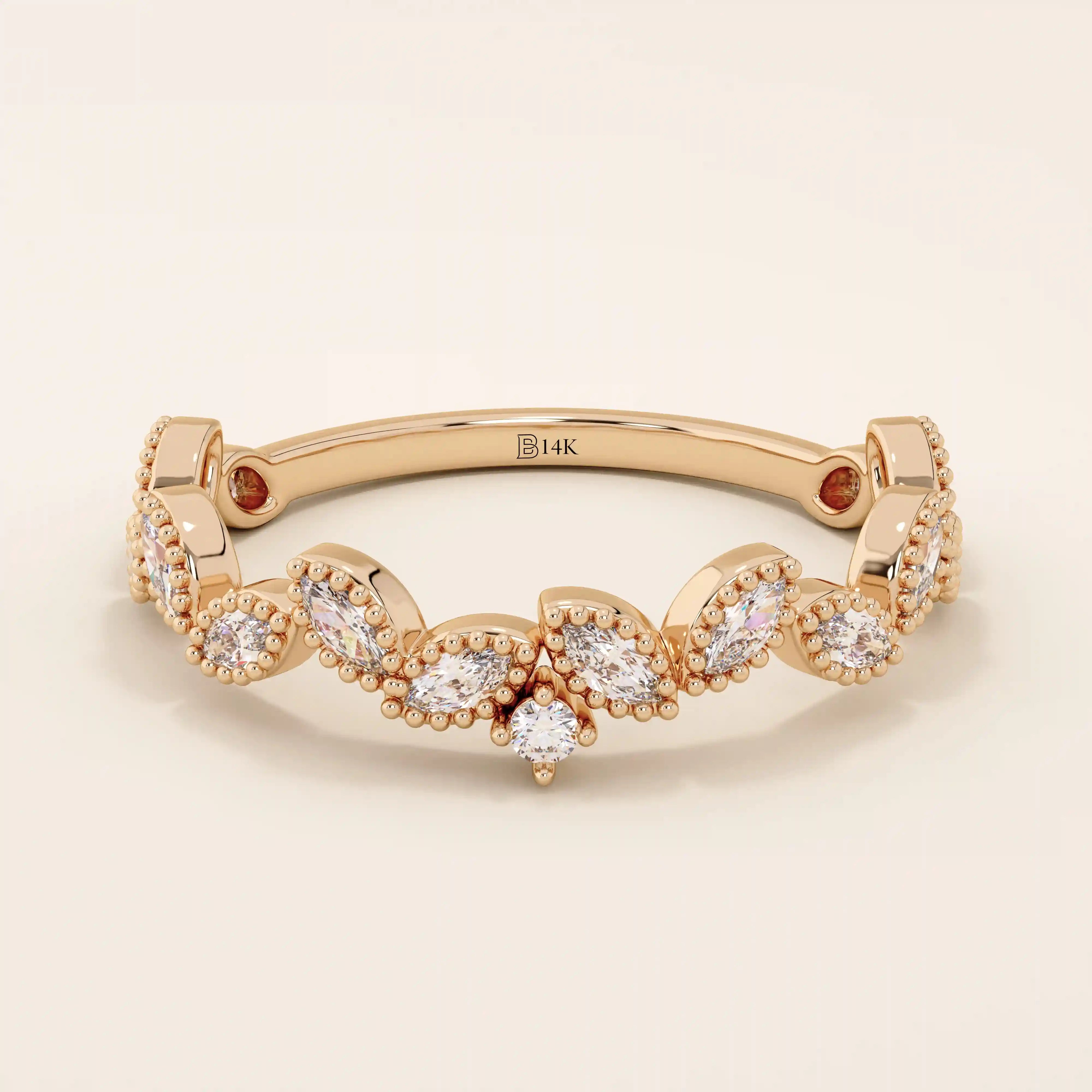 14k solid gold marquise cut leaf vine stackable wedding ring for women