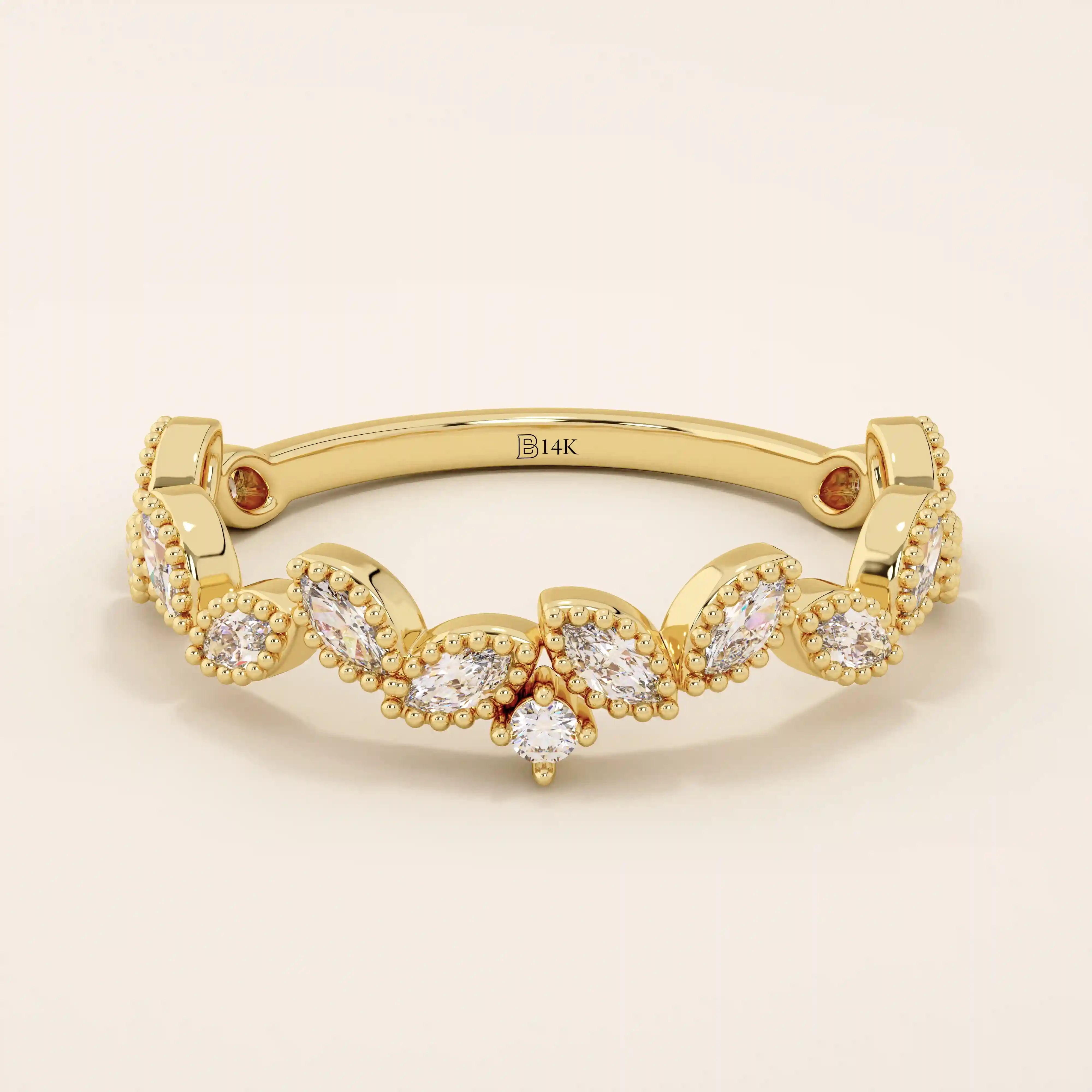 14k solid gold marquise cut leaf vine stackable wedding ring for women