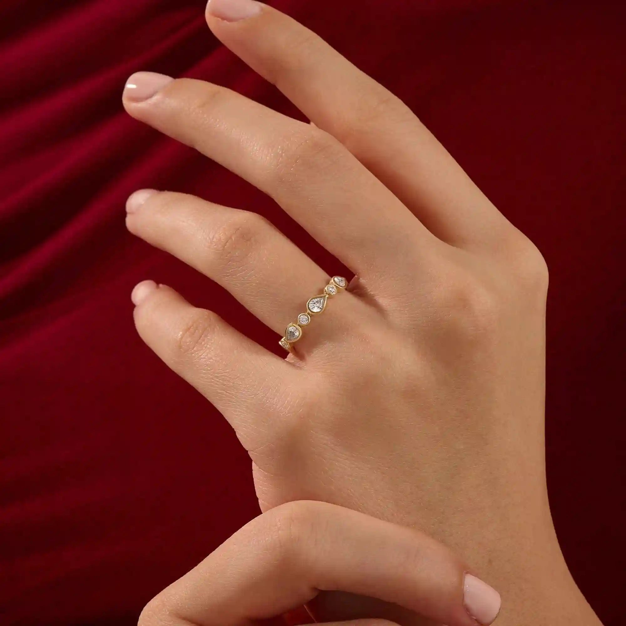 14k solid gold bezel pear round wedding ring for women