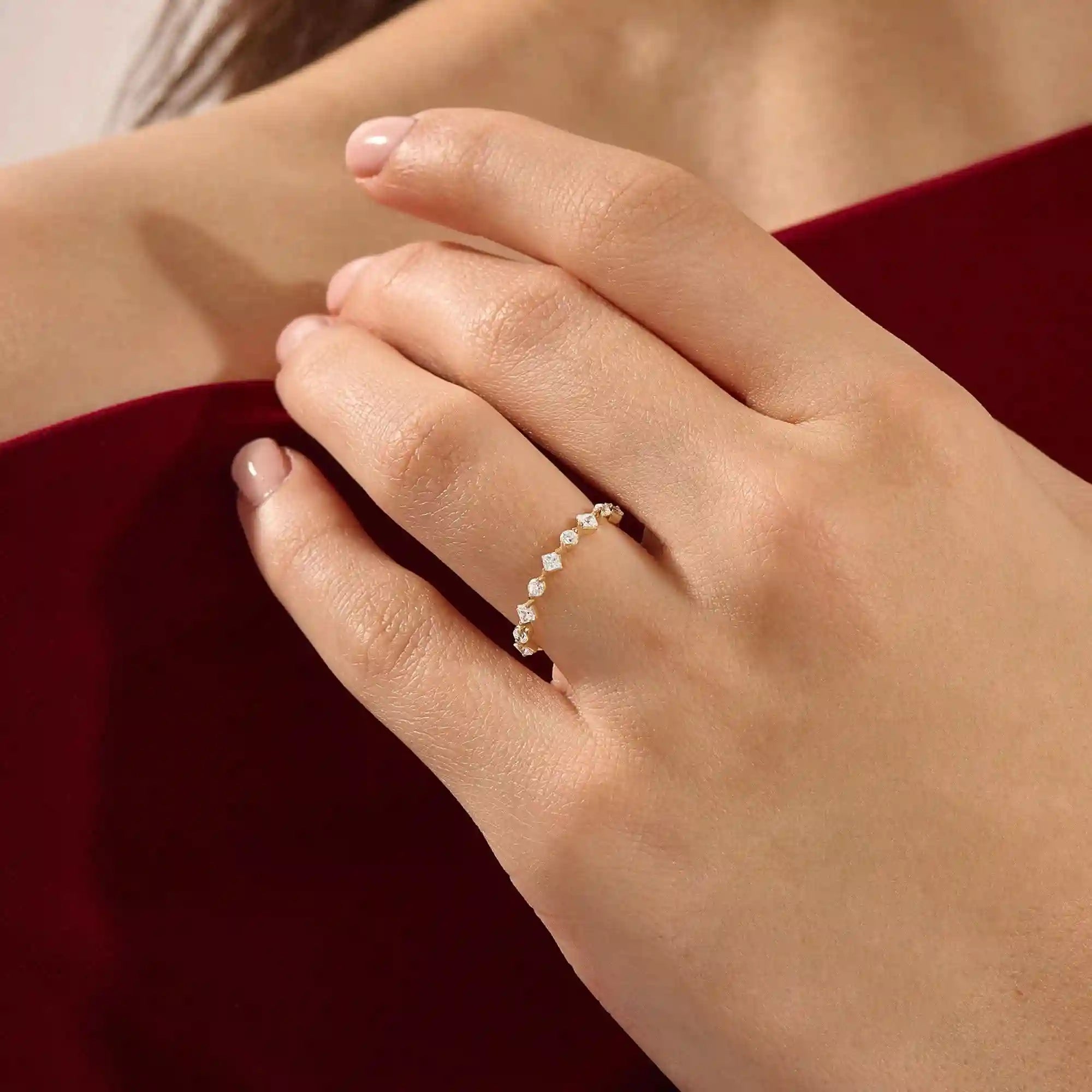 14k solid gold mixed cut princess and round moissanite stones wedding ring for women