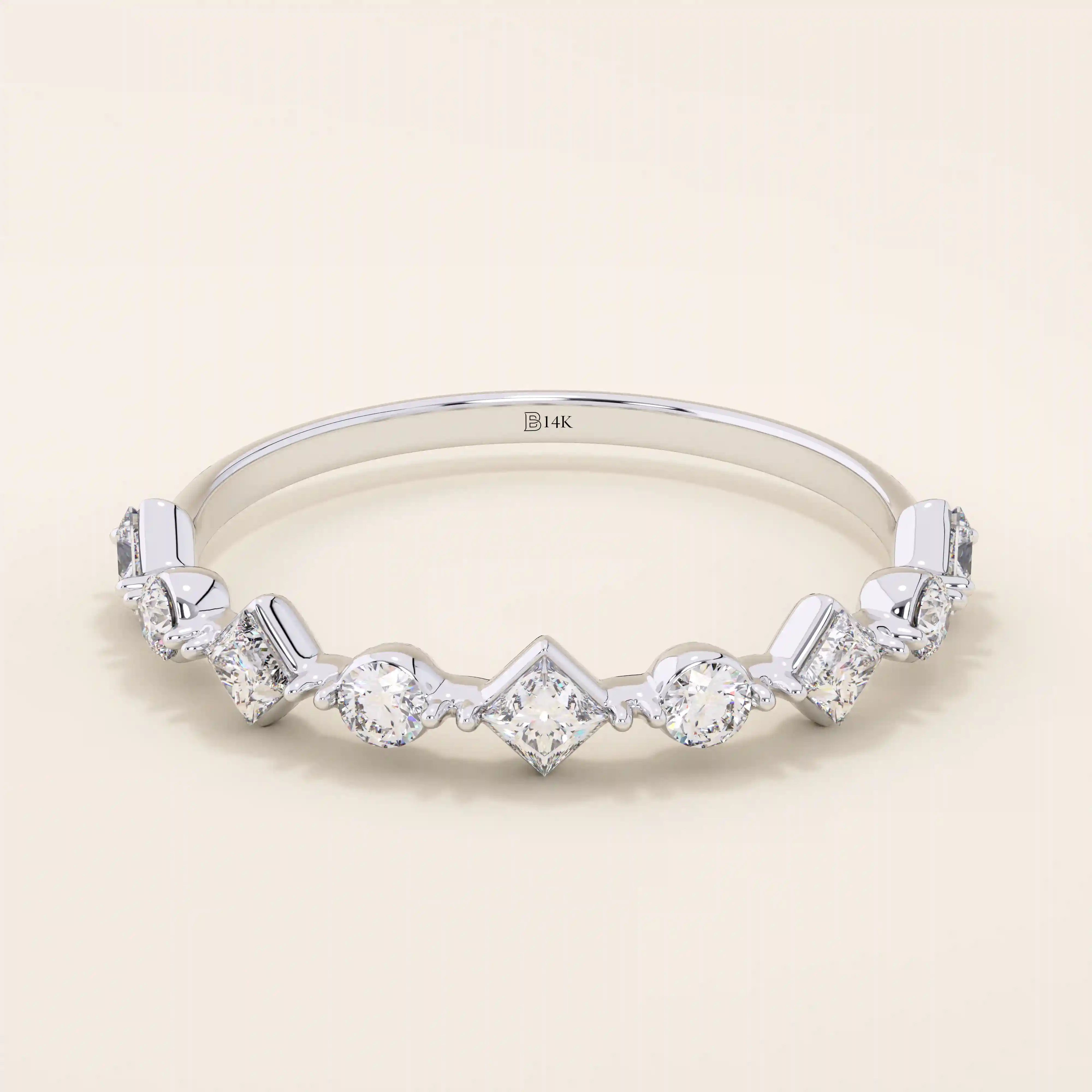14k solid gold mixed cut princess and round moissanite stones wedding ring for women