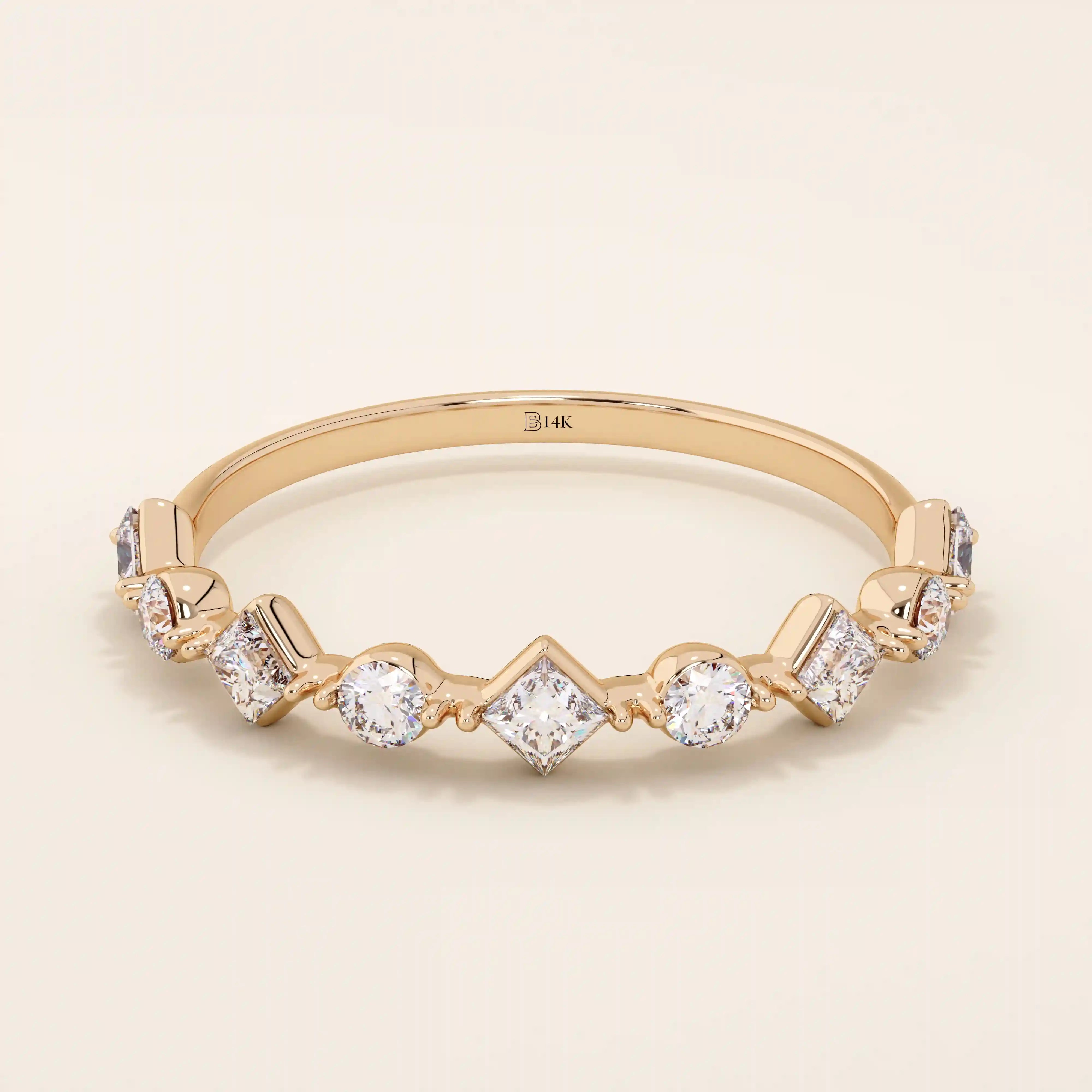 14k solid gold mixed cut princess and round moissanite stones wedding ring for women