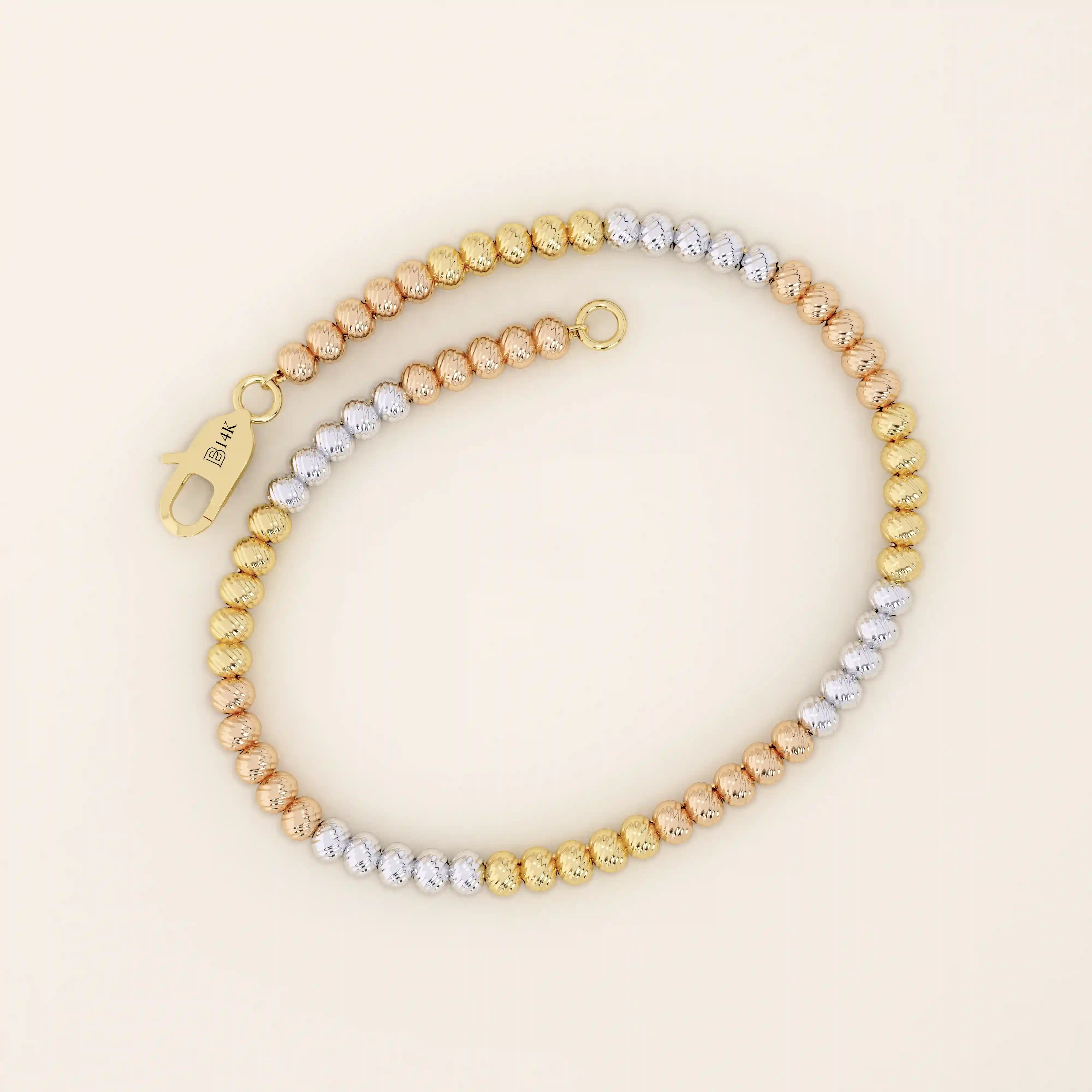 14k solid gold minimalist chain bracelet with mixed metal of rose, yellow, and white gold beads for women