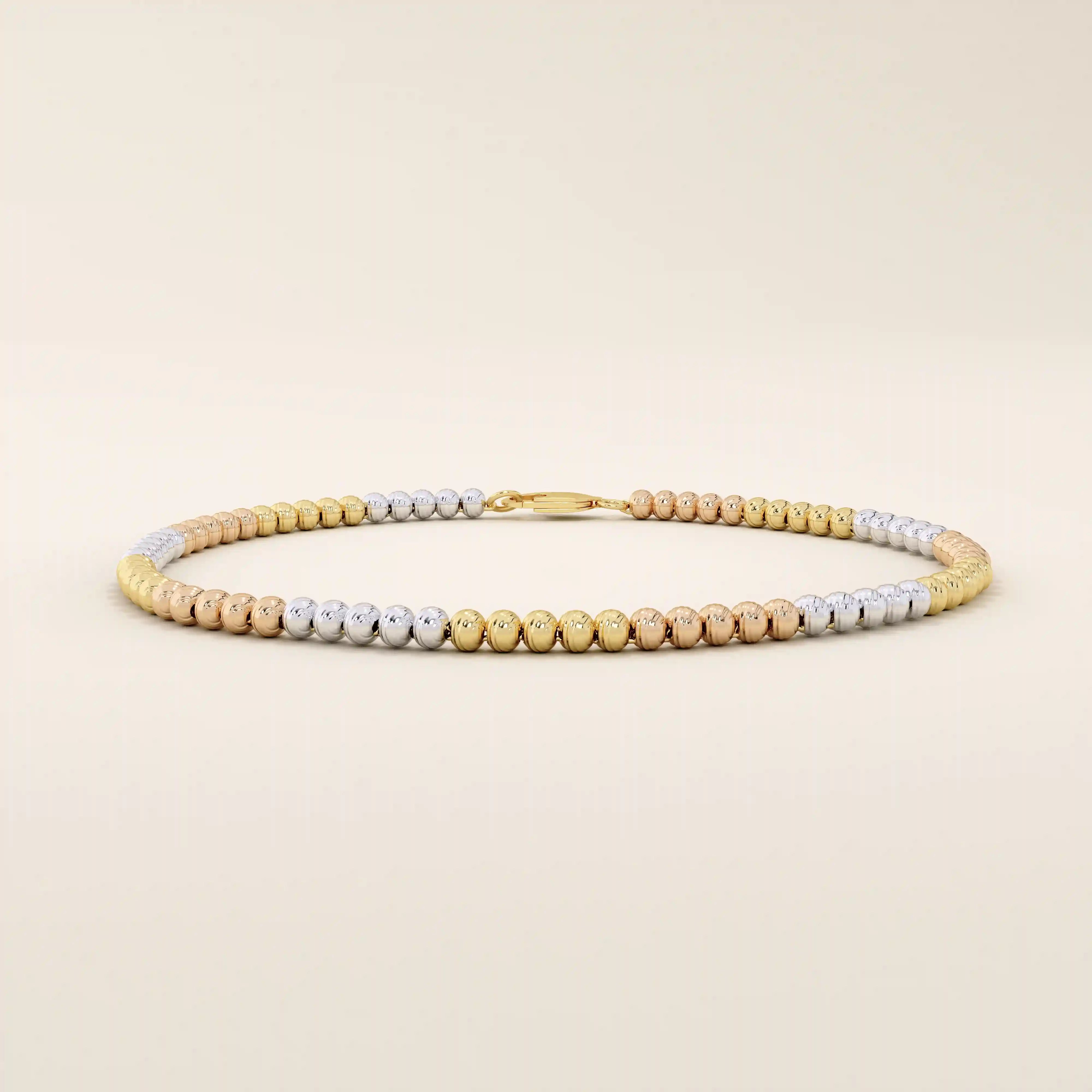 14k solid gold minimalist chain bracelet with mixed metal of rose, yellow, and white gold beads for women