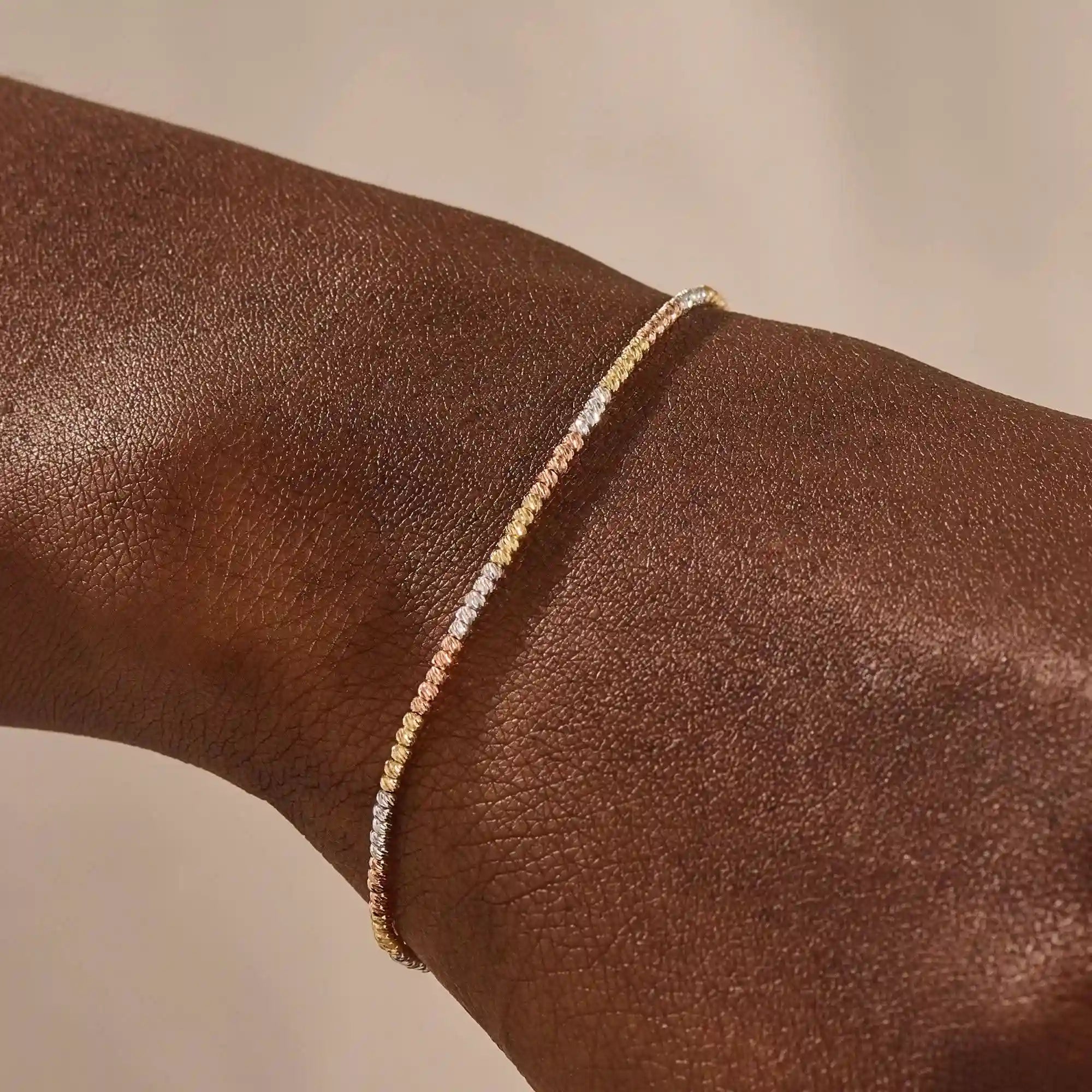 14k solid gold minimalist chain bracelet with mixed metal of rose, yellow, and white gold beads for women