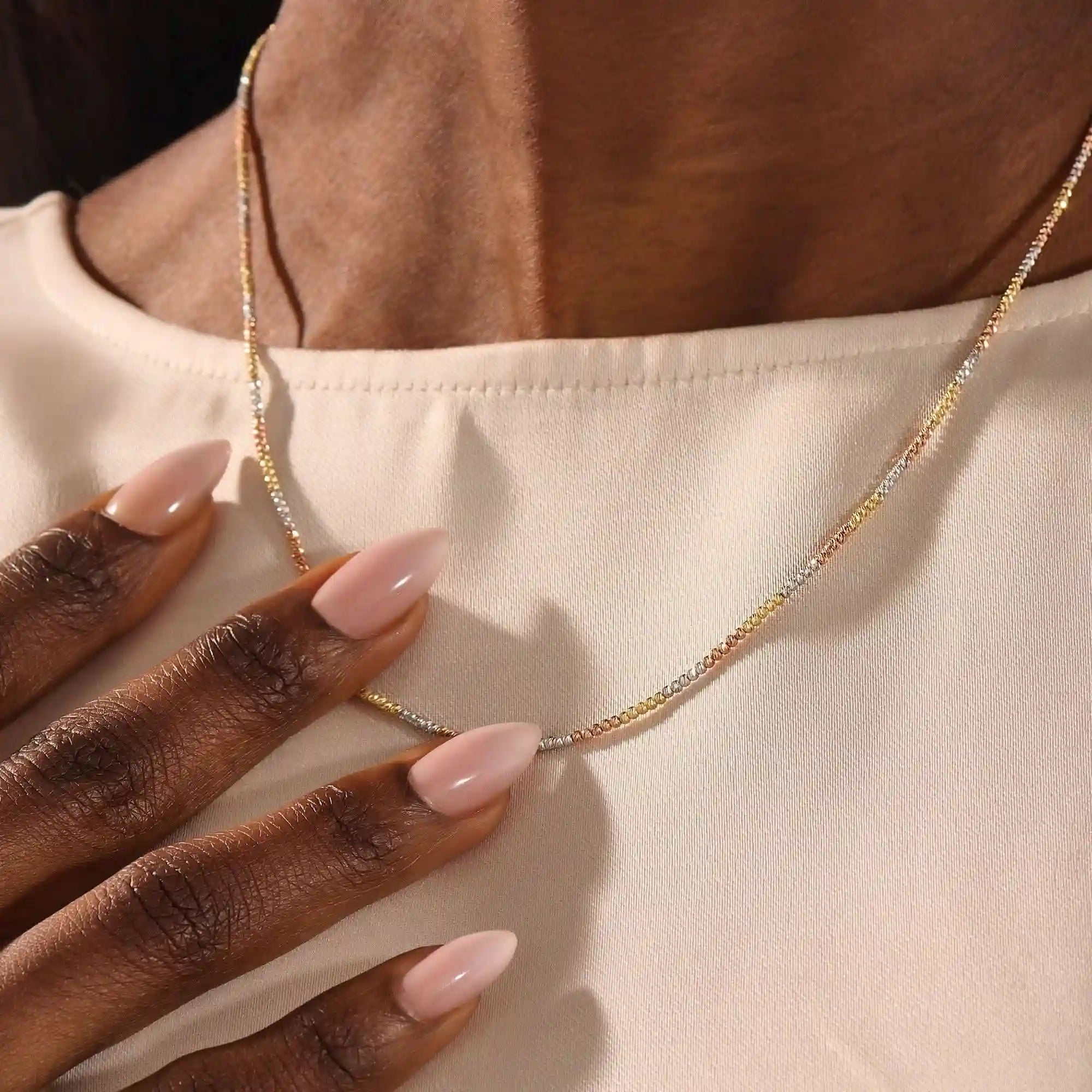 14k solid rose white yellow gold beaded chain necklace for women