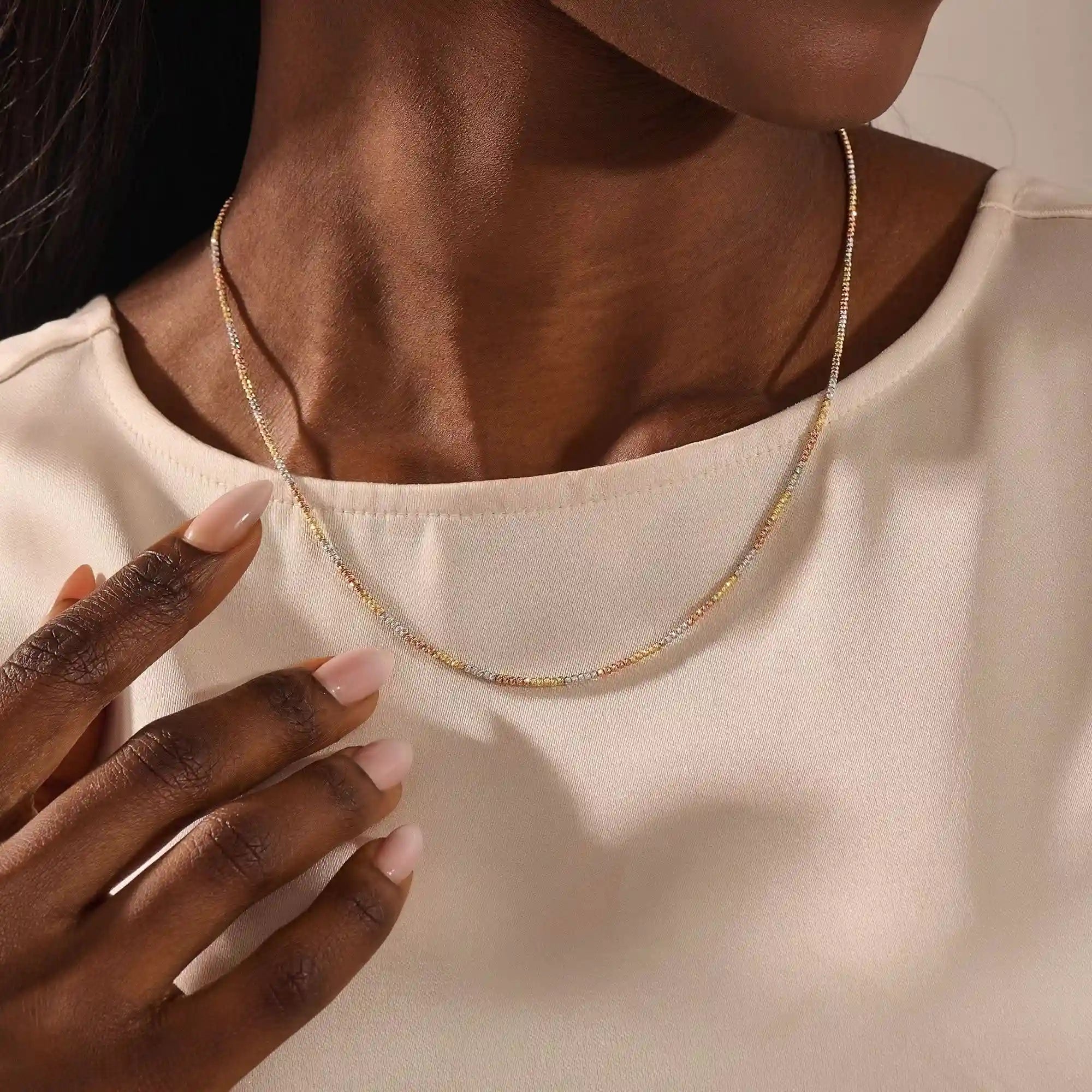 14k solid rose white yellow gold beaded chain necklace for women
